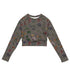 What In Carnation Cropped Rash Guard featuring Dark moody background with vibrant wild botanical oil painting illustrations of poppies, morning glories and carnations in rich, dramatic colours, women’s cropped rash guard