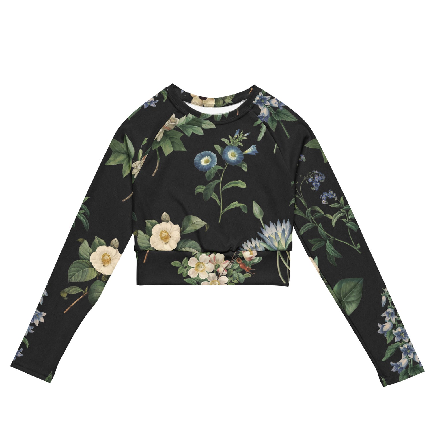I Beg Your Garden Blue Cropped Rash Guard featuring Striking black background with curated blue and white botanical illustrations by Pierre-Joseph Redouté, the celebrated 19th century court botanical painter, women’s cropped rash guard