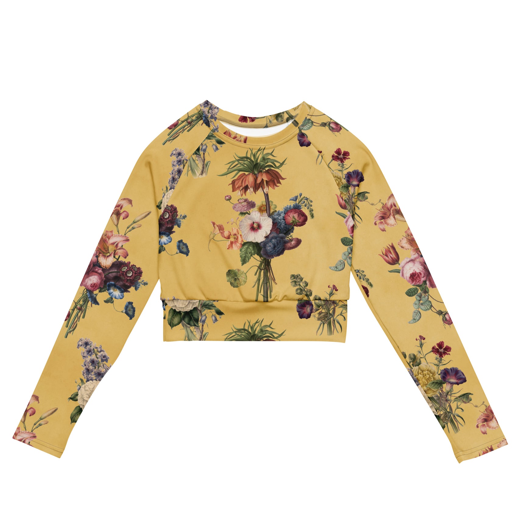 Let's Do Bunch! Cropped Rash Guard featuring Warm butter yellow background with abundant, richly coloured Dutch Master watercolour floral bouquets in a joyful, overflowing repeat pattern, women’s cropped rash guard