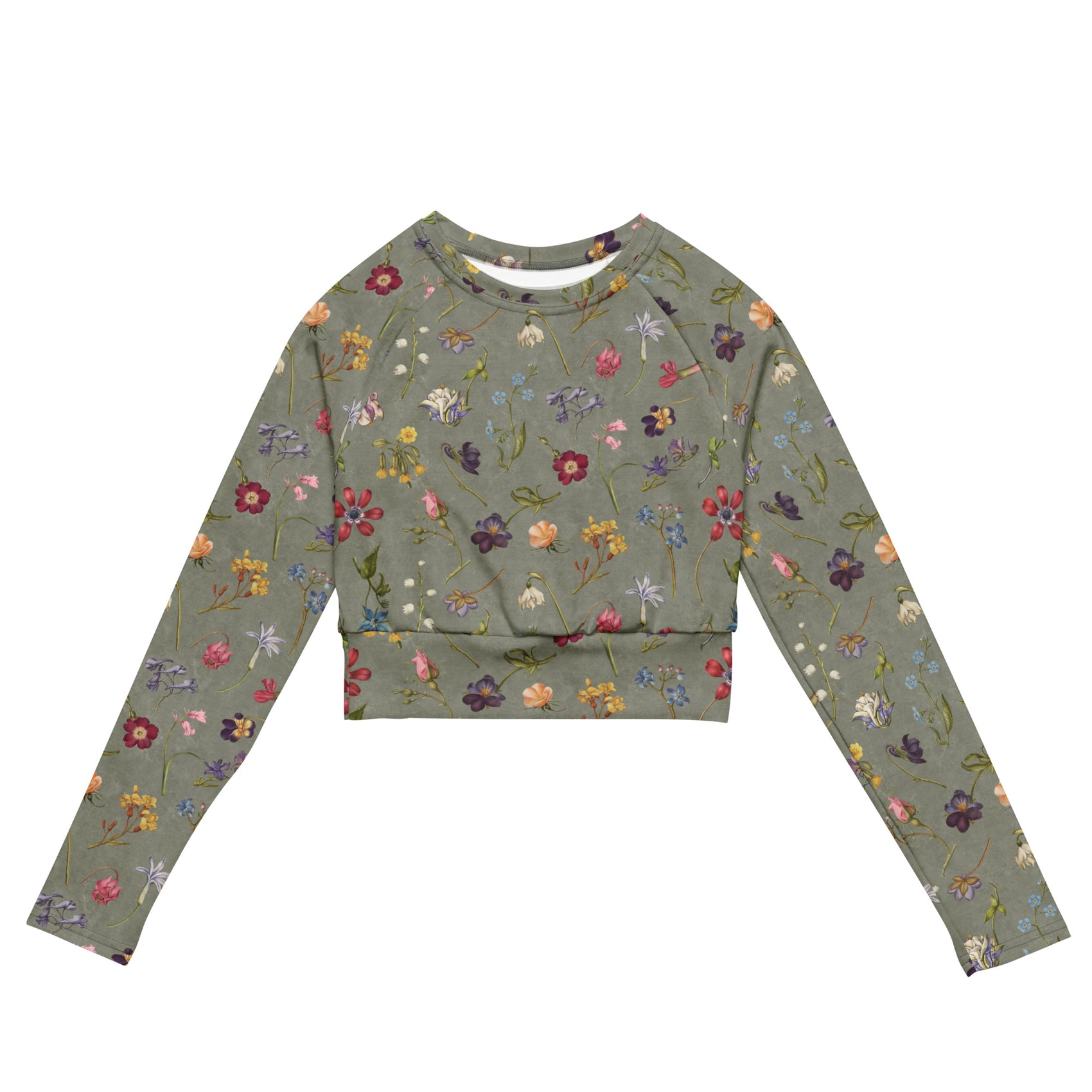 Hibis-Kiss Me Cropped Rash Guard featuring Moody pale blue background with jewel-bright painted flower specimens from a 16th century Flemish illuminated manuscript in rich, vivid colours, women’s cropped rash guard