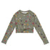 Hibis-Kiss Me Cropped Rash Guard featuring Moody pale blue background with jewel-bright painted flower specimens from a 16th century Flemish illuminated manuscript in rich, vivid colours, women’s cropped rash guard