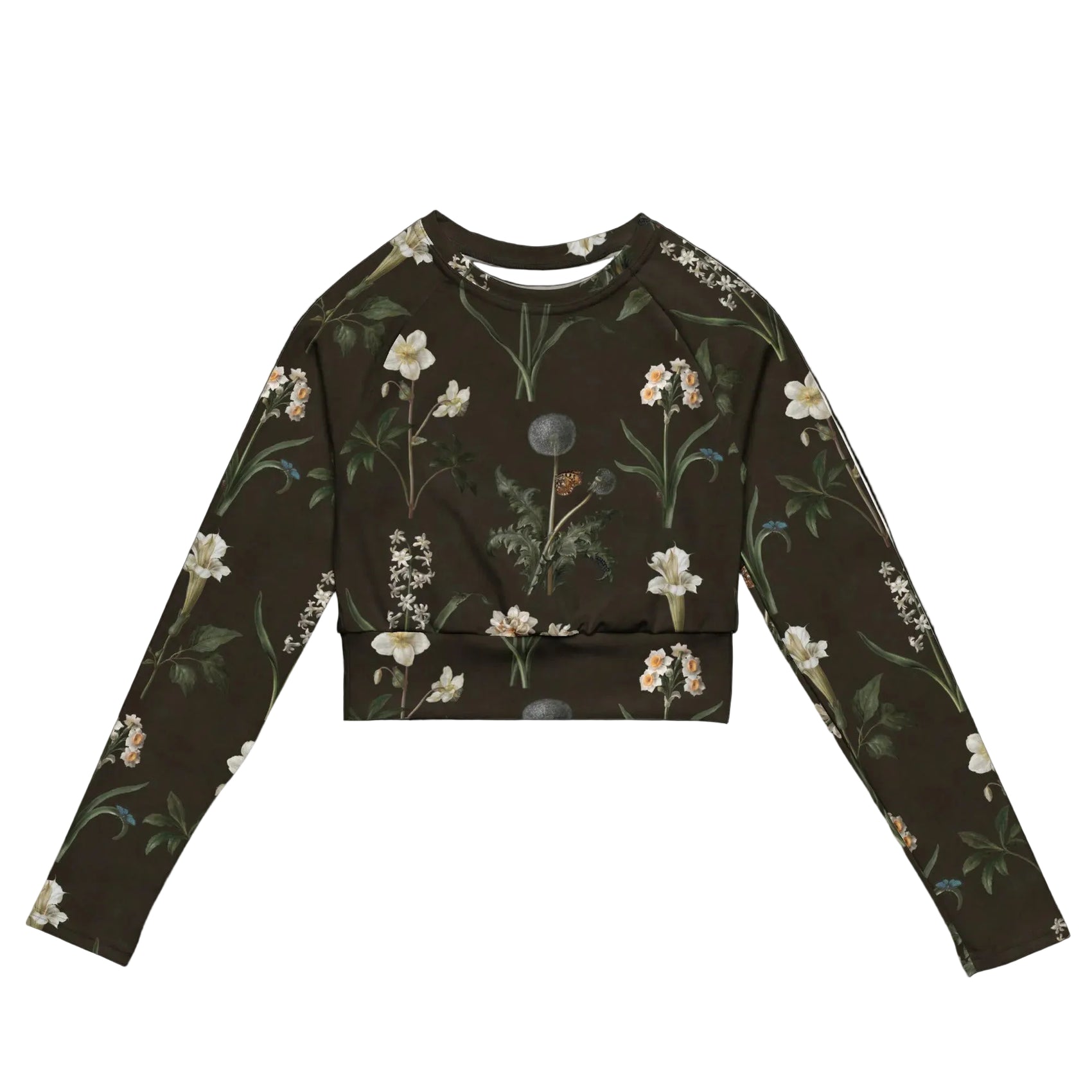 Wild At Hort Cropped Rash Guard featuring Deep dark brown background with precise, luminous white botanical specimen illustrations including a delicate dandelion seed head, in a hushed and contemplative style, women’s cropped rash guard with detailed artwork