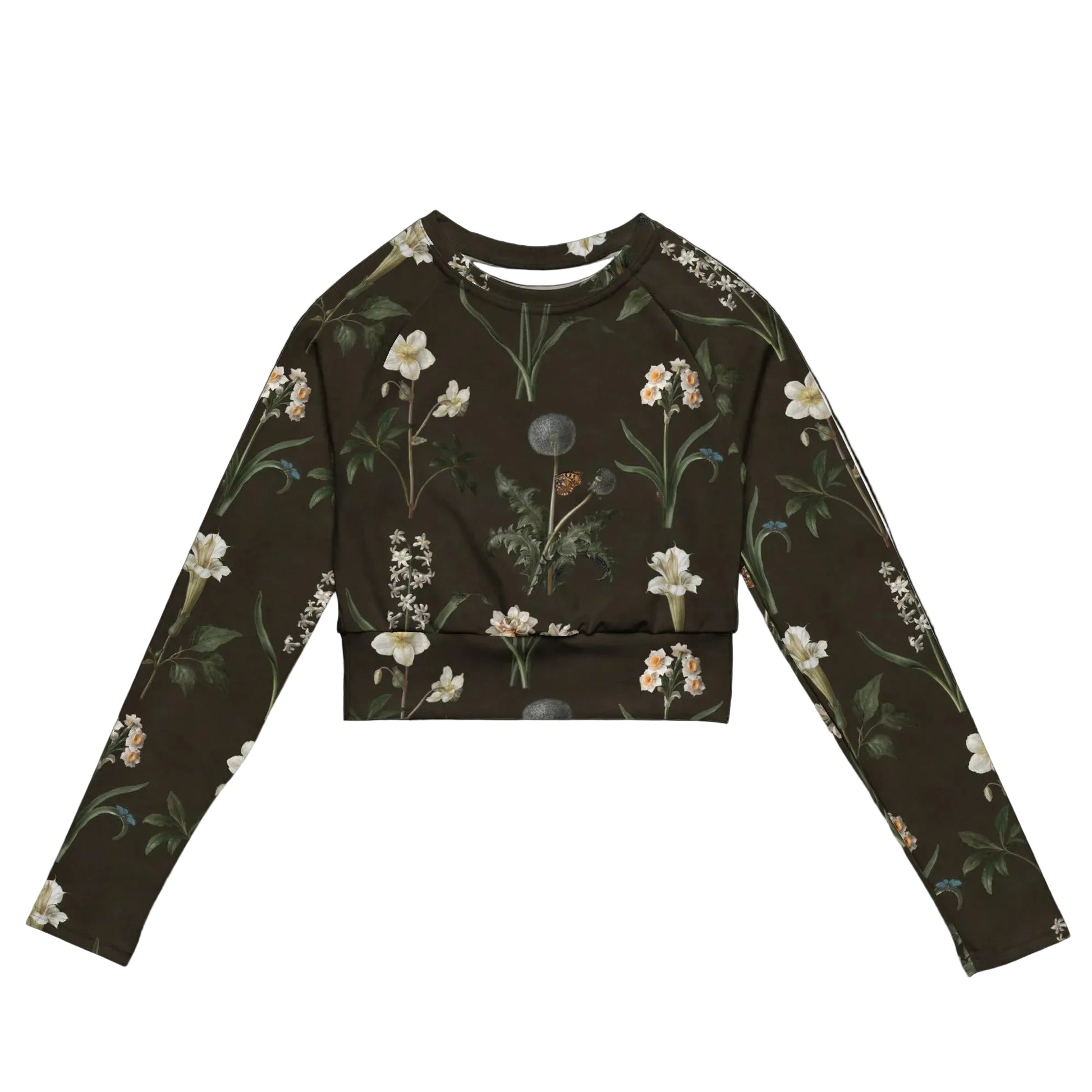 Wild At Hort Cropped Rash Guard featuring Deep dark brown background with precise, luminous white botanical specimen illustrations including a delicate dandelion seed head, in a hushed and contemplative style, women’s cropped rash guard with detailed artwork