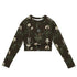 Wild At Hort Cropped Rash Guard featuring Deep dark brown background with precise, luminous white botanical specimen illustrations including a delicate dandelion seed head, in a hushed and contemplative style, women’s cropped rash guard with detailed artwork