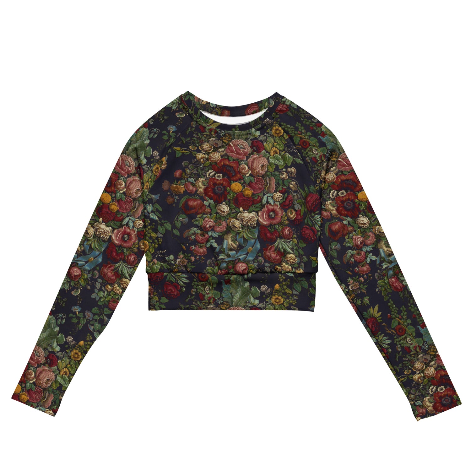 Stop and Smell The Roses Cropped Rash Guard featuring Rich deep indigo background with tumbling opulent cabbage roses in reds and pinks with a delicate blue ribbon detail, adapted from mid 1800s Chintz, women’s cropped rash guard