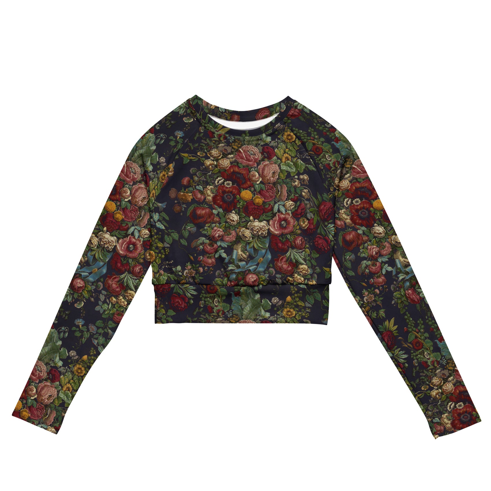 Stop and Smell The Roses Cropped Rash Guard featuring Rich deep indigo background with tumbling opulent cabbage roses in reds and pinks with a delicate blue ribbon detail, adapted from mid 1800s Chintz, women’s cropped rash guard