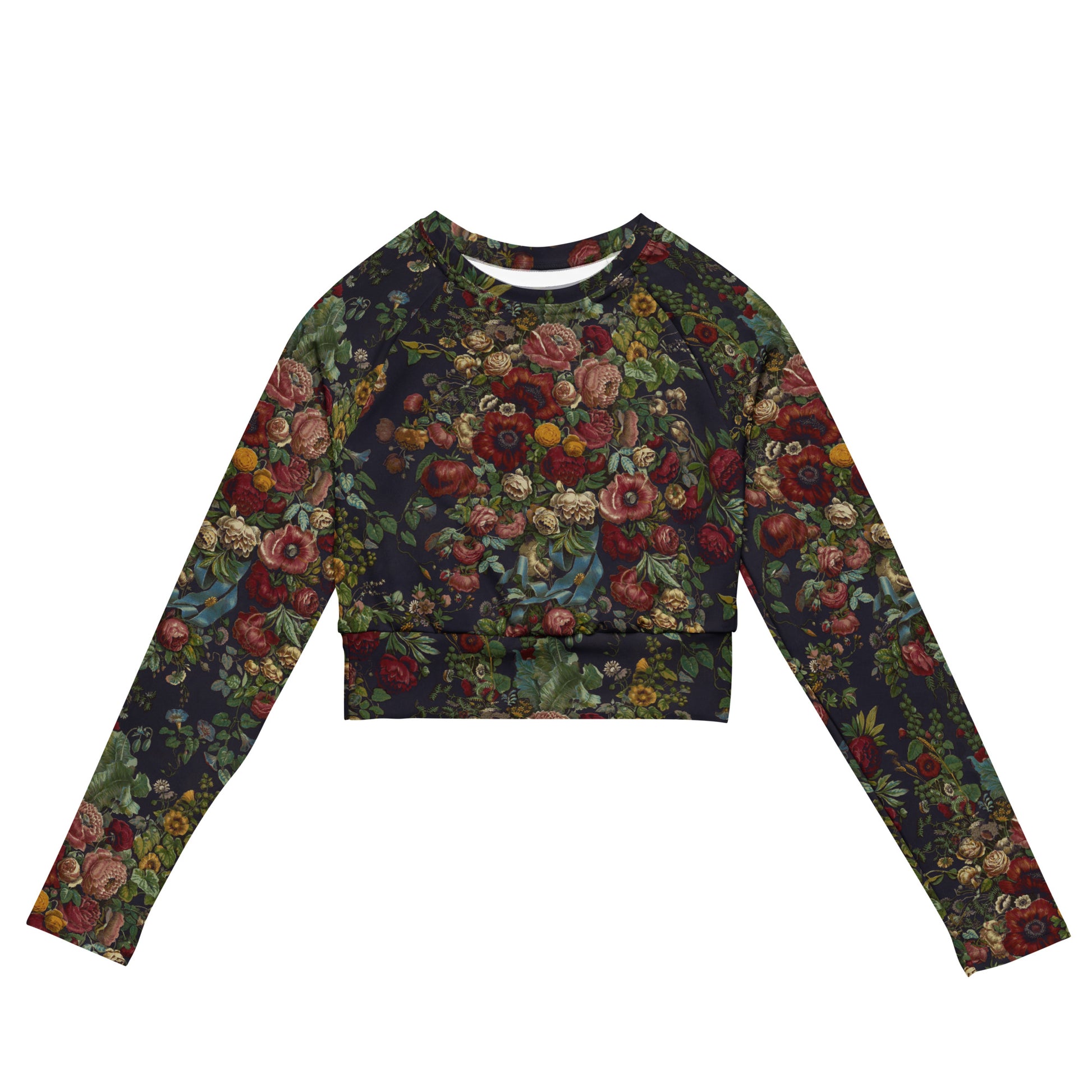 Stop and Smell The Roses Cropped Rash Guard featuring Rich deep indigo background with tumbling opulent cabbage roses in reds and pinks with a delicate blue ribbon detail, adapted from mid 1800s Chintz, women’s cropped rash guard