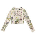 Wild About You Cropped Rash Guard featuring Clean white background with soft, romantic wildflower botanical illustrations in gentle pinks and mauves from an early 1900s British Arts and Crafts publication, women’s cropped rash guard