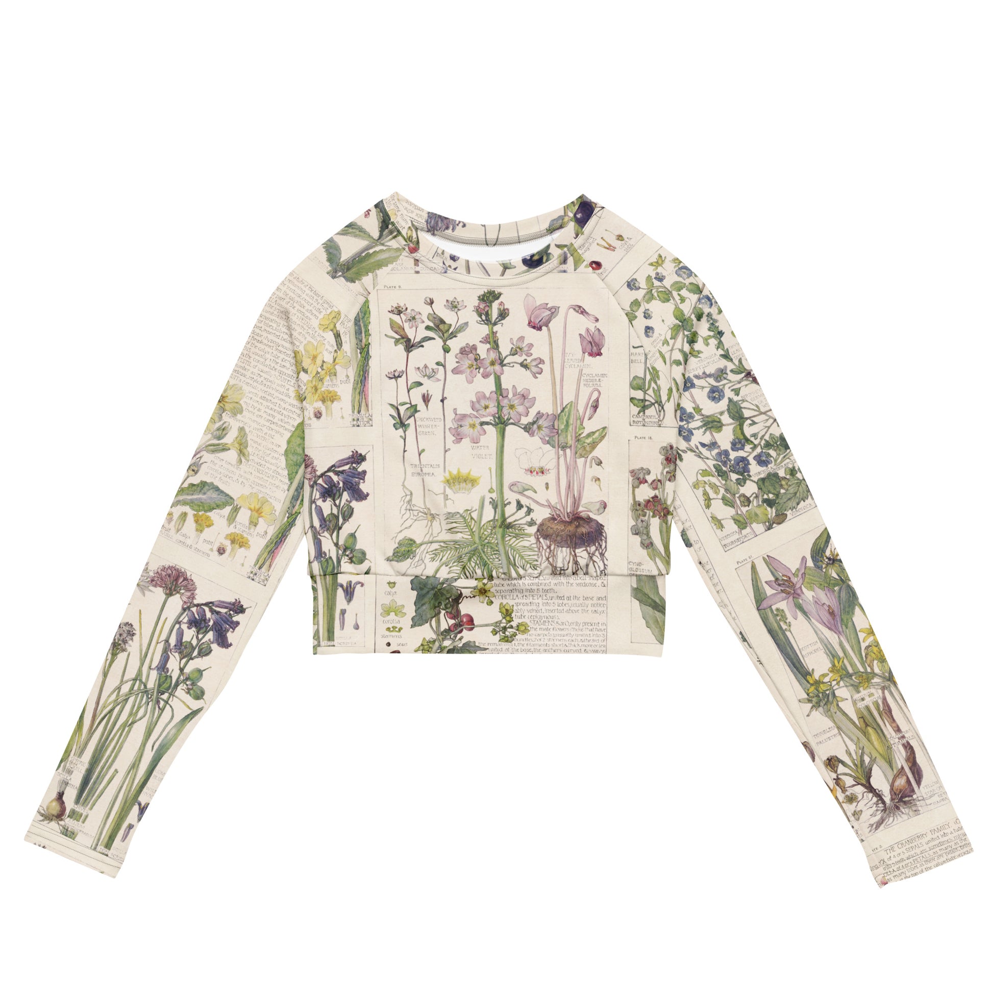 Wild About You Cropped Rash Guard featuring Clean white background with soft, romantic wildflower botanical illustrations in gentle pinks and mauves from an early 1900s British Arts and Crafts publication, women’s cropped rash guard