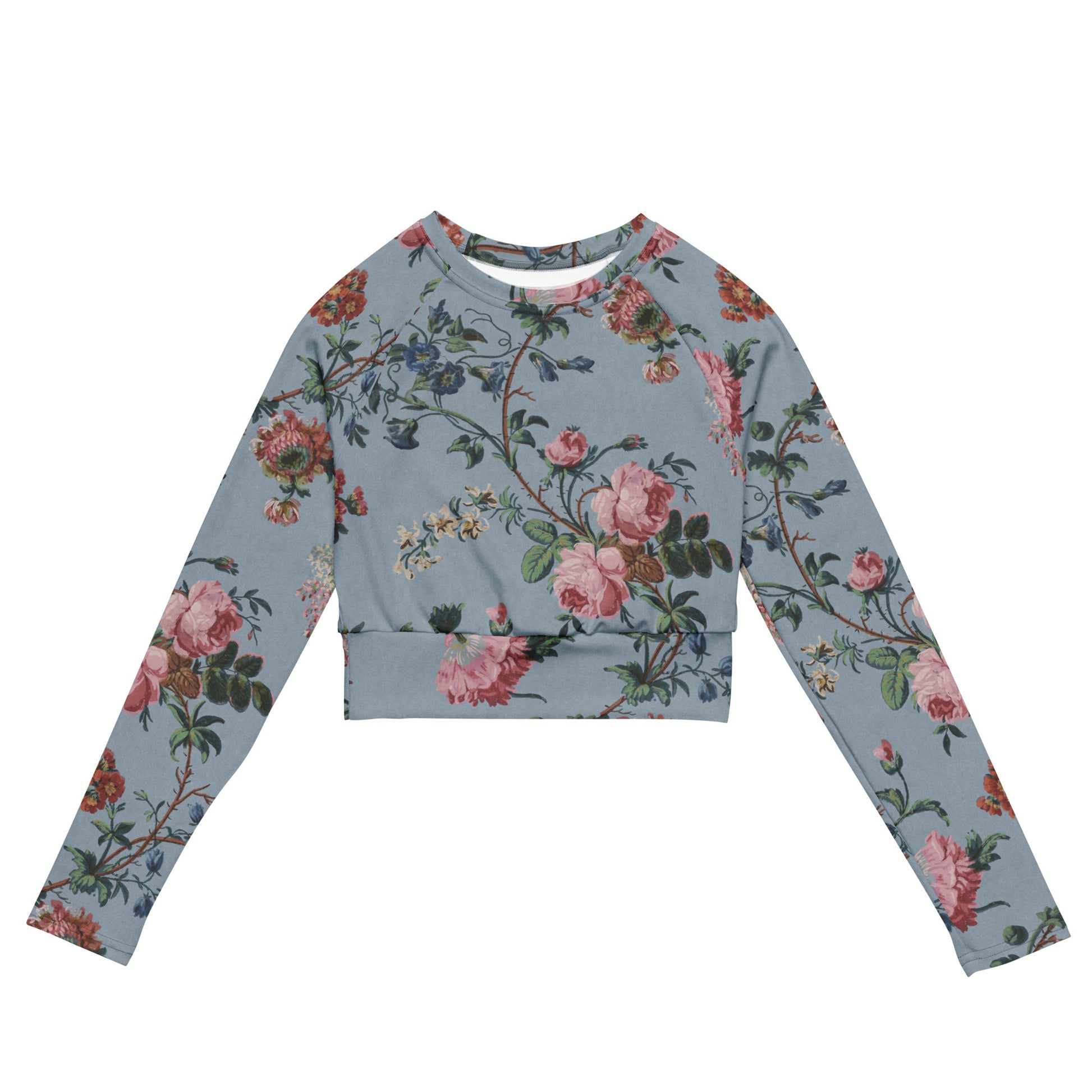 Bud-ding Romance in Blue Cropped Rash Guard featuring Dreamy blue background with trailing pink roses and blue morning glory on a vine, taken from a 1790 French woodblock printed wallpaper, women’s cropped rash guard