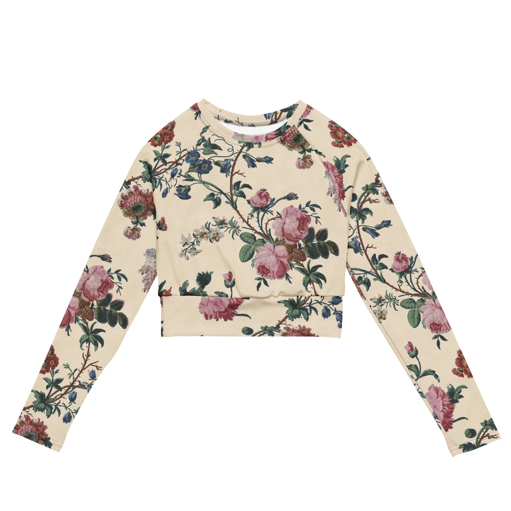 Bud-ding Romance in Blue Cropped Rash Guard featuring Dreamy blue background with trailing pink roses and blue morning glory on a vine, taken from a 1790 French woodblock printed wallpaper, women’s cropped rash guard