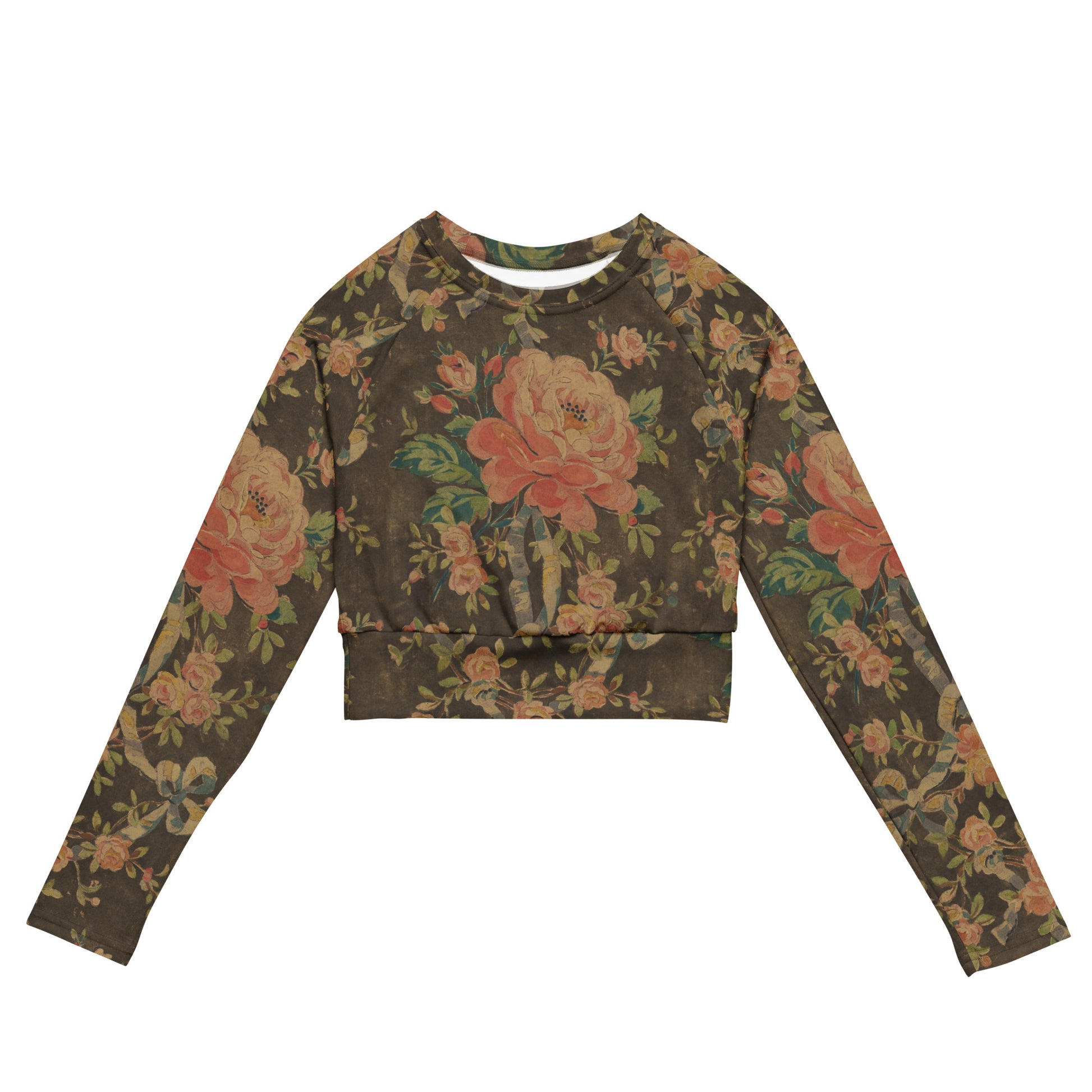 Everything's Coming Up Roses Cropped Rash Guard featuring Rich brown background with trailing pink roses and a delicate blue ribbon border design, adapted from a 1780 French decorative watercolour, women’s cropped rash guard