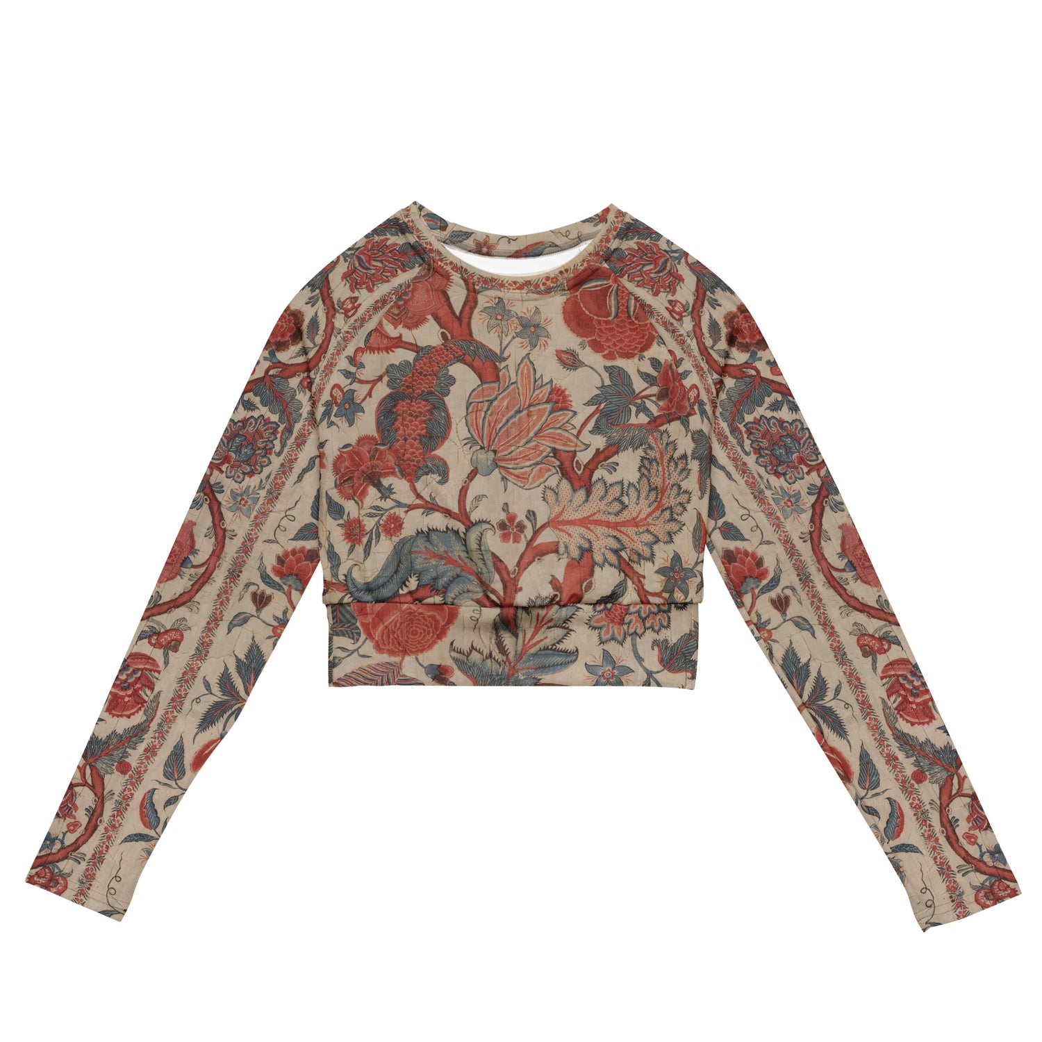Chintz Charming Cropped Rash Guard featuring Rich red and warm cream intricate hand-painted Tree of Life pattern adapted from an 18th century Indian Palampore textile, women’s cropped rash guard