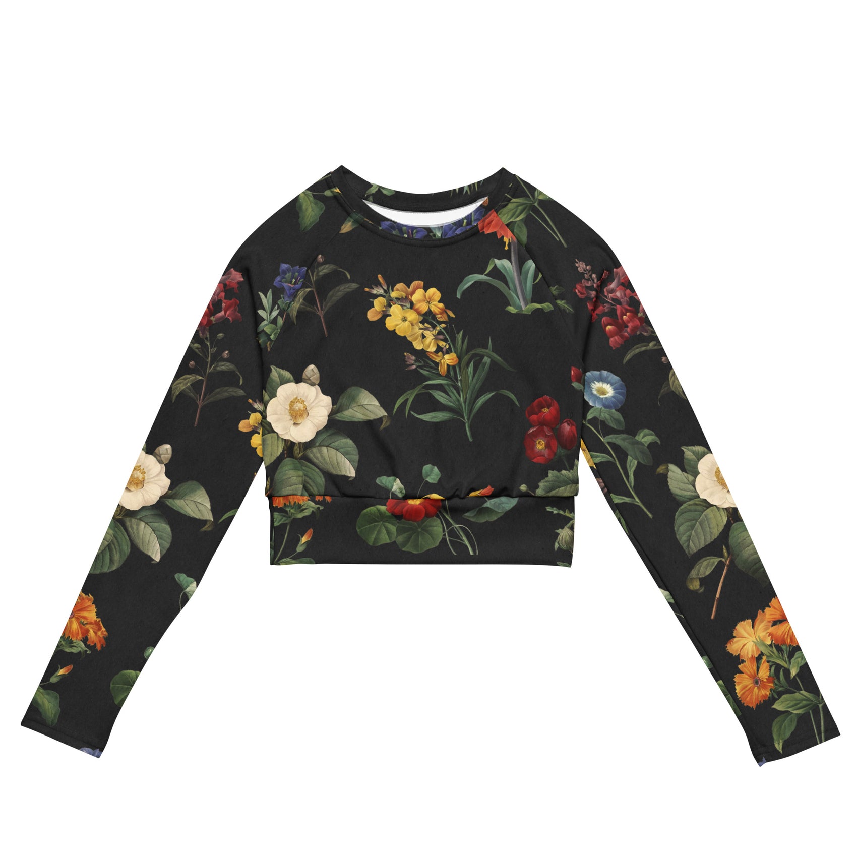 I Beg Your Garden Cropped Rash Guard featuring Bold black background with the full rich colour palette of Pierre-Joseph Redouté's celebrated 19th century royal botanical illustrations in jewel-bright tones, women’s cropped rash guard