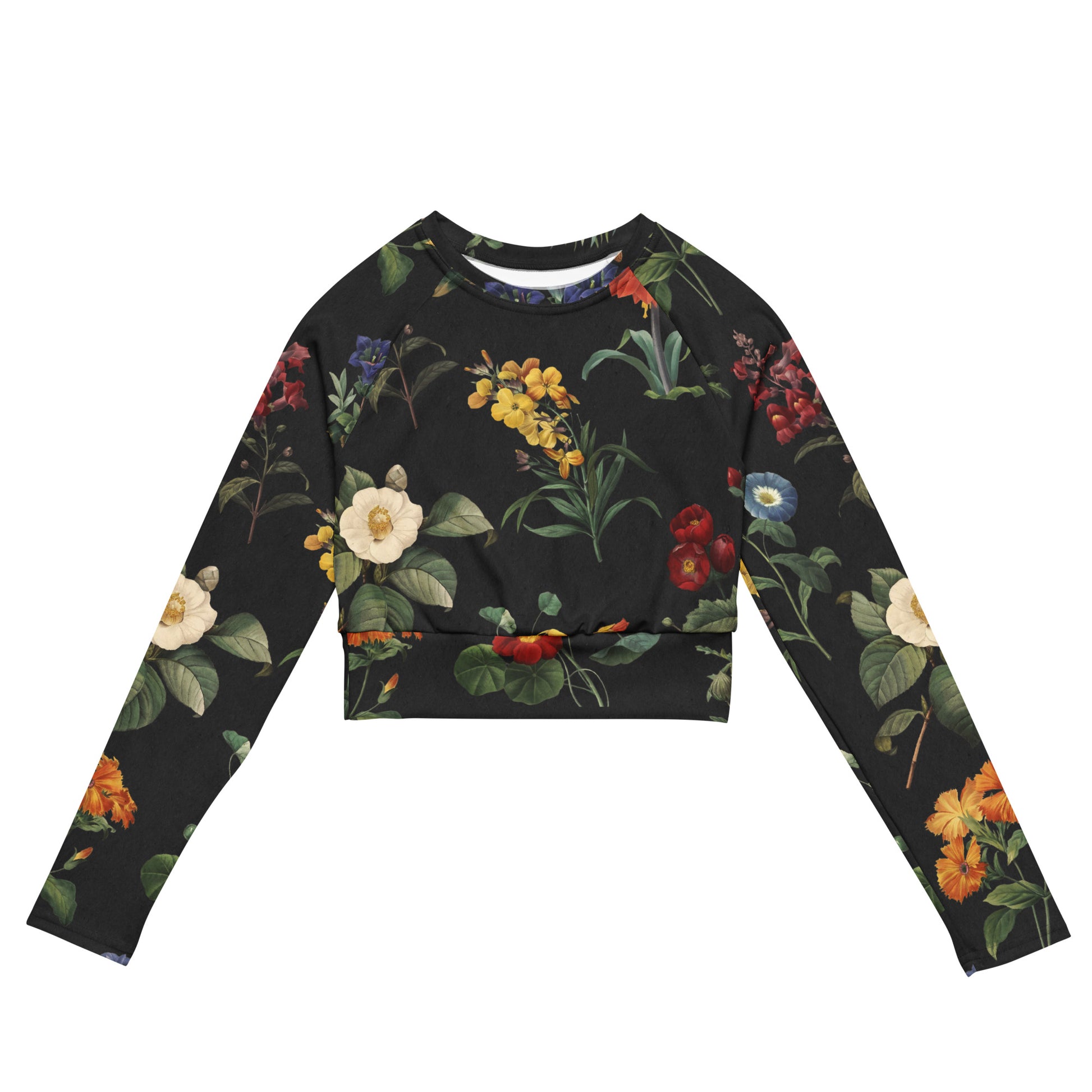 I Beg Your Garden Cropped Rash Guard featuring Bold black background with the full rich colour palette of Pierre-Joseph Redouté's celebrated 19th century royal botanical illustrations in jewel-bright tones, women’s cropped rash guard
