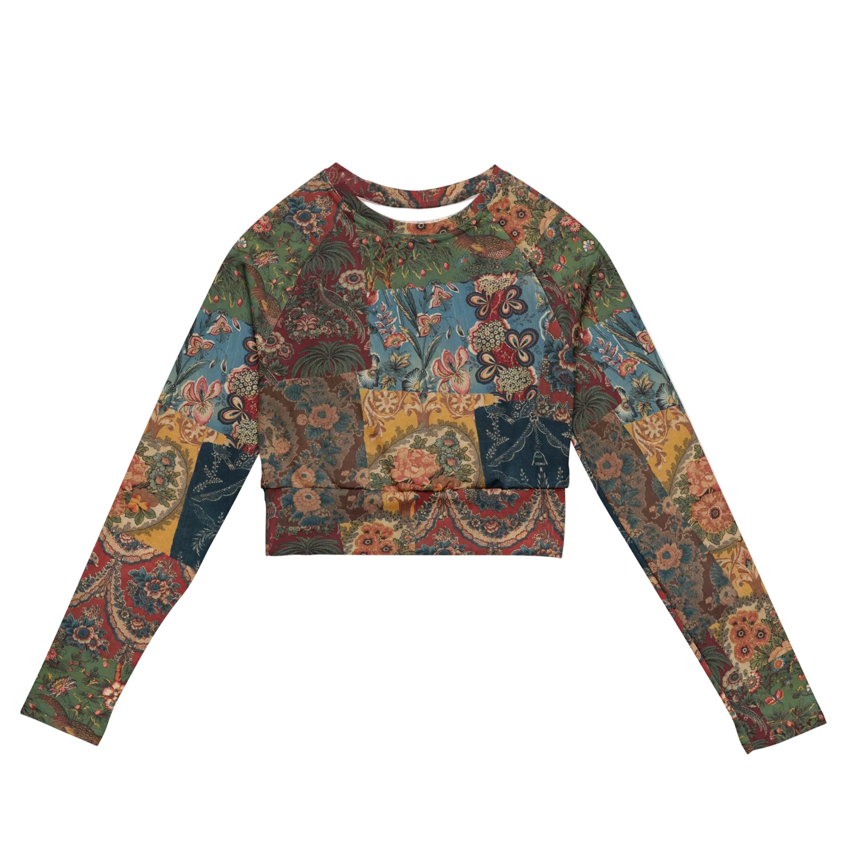 Fragments Of My Heart Cropped Rash Guard featuring Bold eclectic patchwork of antique quilt and fabric remnants in rich reds with hints of blue, green and yellow in a warm, gloriously imperfect vintage style, women’s cropped rash guard