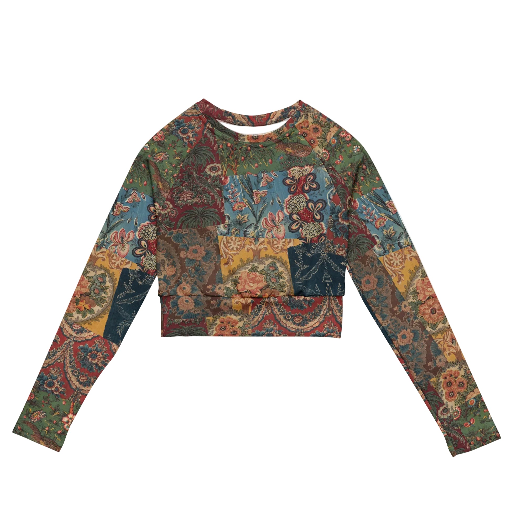 Fragments Of My Heart Cropped Rash Guard featuring Bold eclectic patchwork of antique quilt and fabric remnants in rich reds with hints of blue, green and yellow in a warm, gloriously imperfect vintage style, women’s cropped rash guard