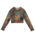 Fragments Of My Heart Cropped Rash Guard featuring Bold eclectic patchwork of antique quilt and fabric remnants in rich reds with hints of blue, green and yellow in a warm, gloriously imperfect vintage style, women’s cropped rash guard