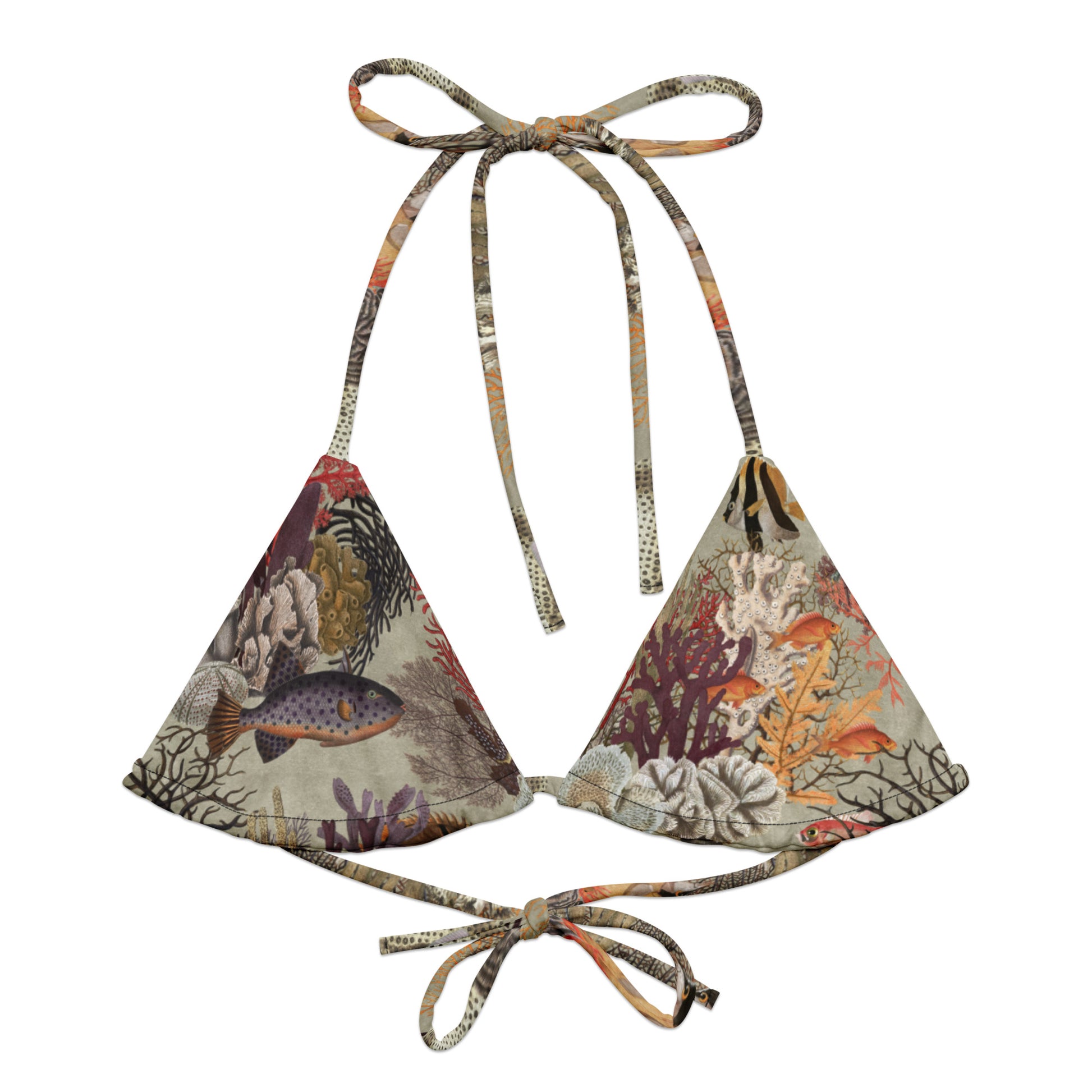 Kelp Calm And Coral On String Bikini Top featuring Moody brown background with layered Victorian marine engravings of coral, kelp and fish in deep purples, reds and burnt oranges, women’s string bikini top in vintage print