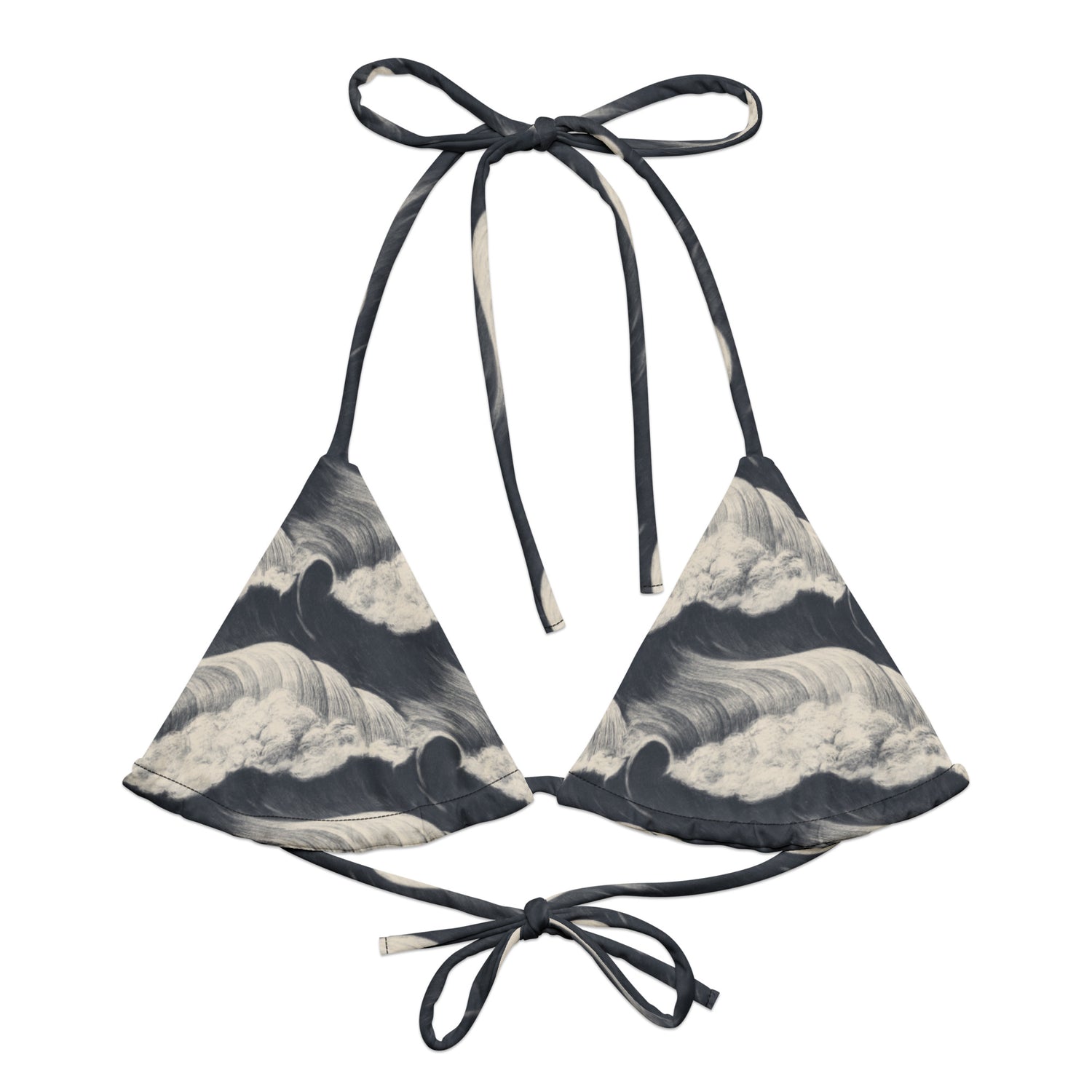 Tide and Seek String Bikini Top featuring Hypnotic repeating wave pattern in a moody palette, inspired by Japanese woodblock print tradition with rolling rhythmic movement, women’s string bikini top in vintage print