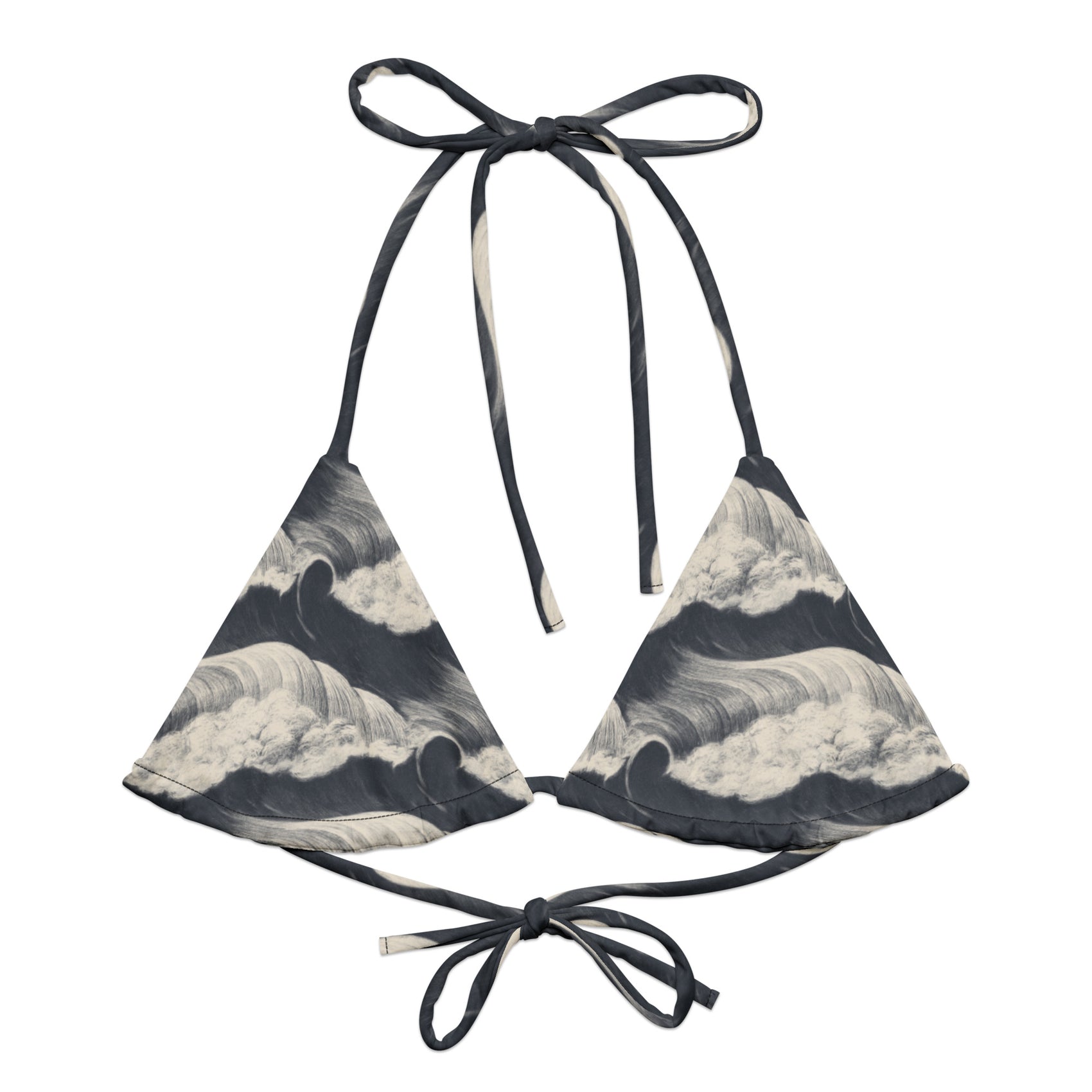 Tide and Seek String Bikini Top featuring Hypnotic repeating wave pattern in a moody palette, inspired by Japanese woodblock print tradition with rolling rhythmic movement, women’s string bikini top in vintage print