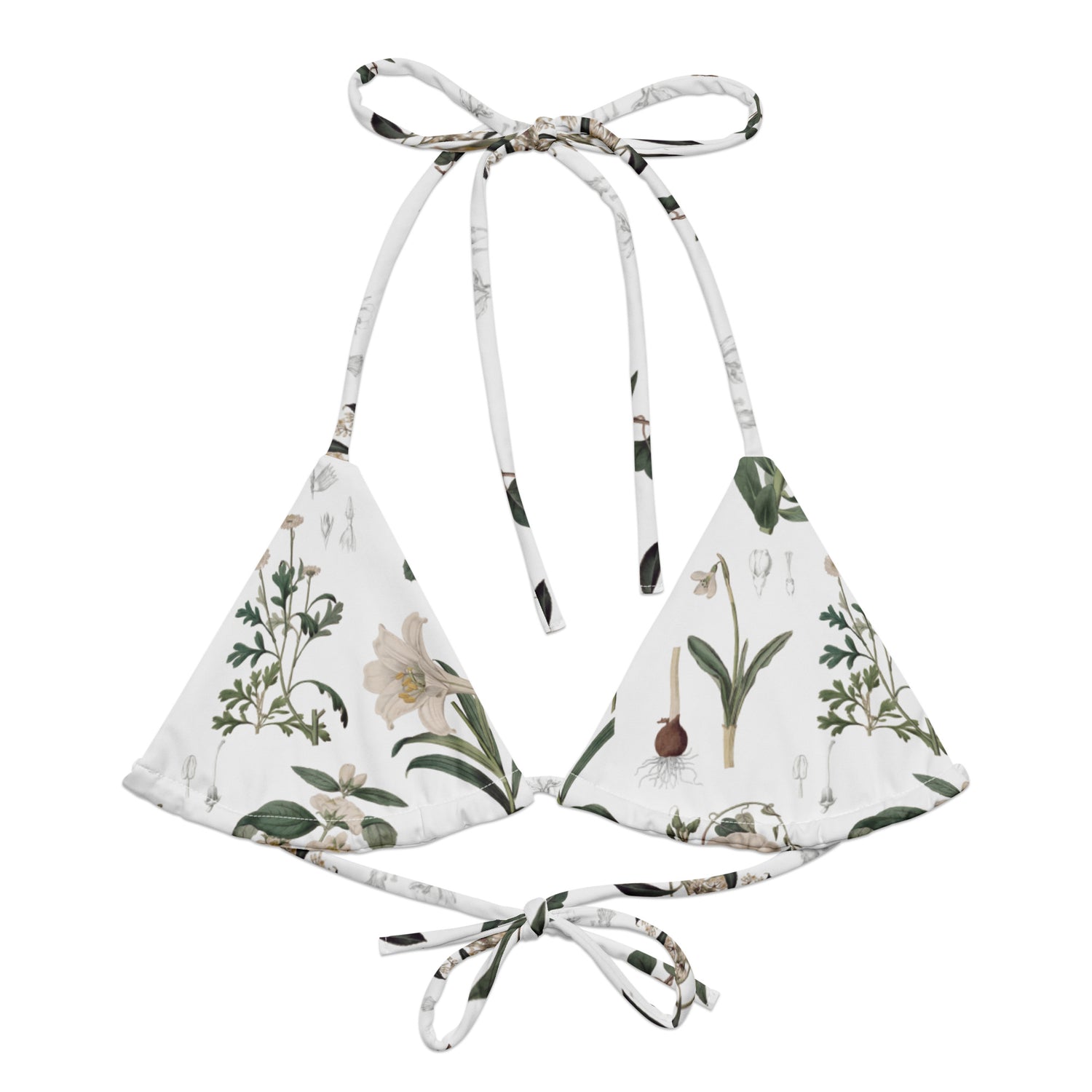 Botany + Clyde String Bikini Top featuring Clean white and green botanical engraving print featuring hand coloured white flowering plants from early 1800s Great Britain in a fresh, peaceful style, women’s string bikini top in vintage print
