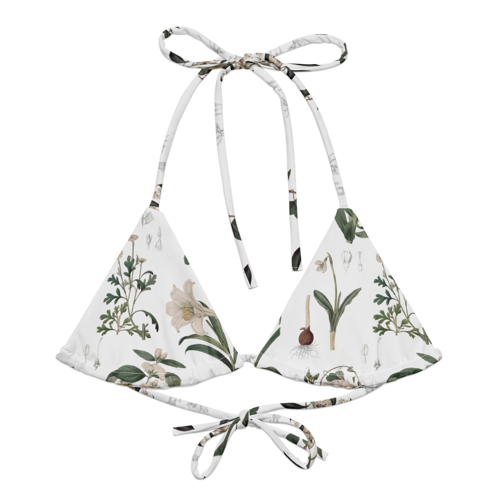 Botany + Clyde String Bikini Top featuring Clean white and green botanical engraving print featuring hand coloured white flowering plants from early 1800s Great Britain in a fresh, peaceful style, women’s string bikini top in vintage print