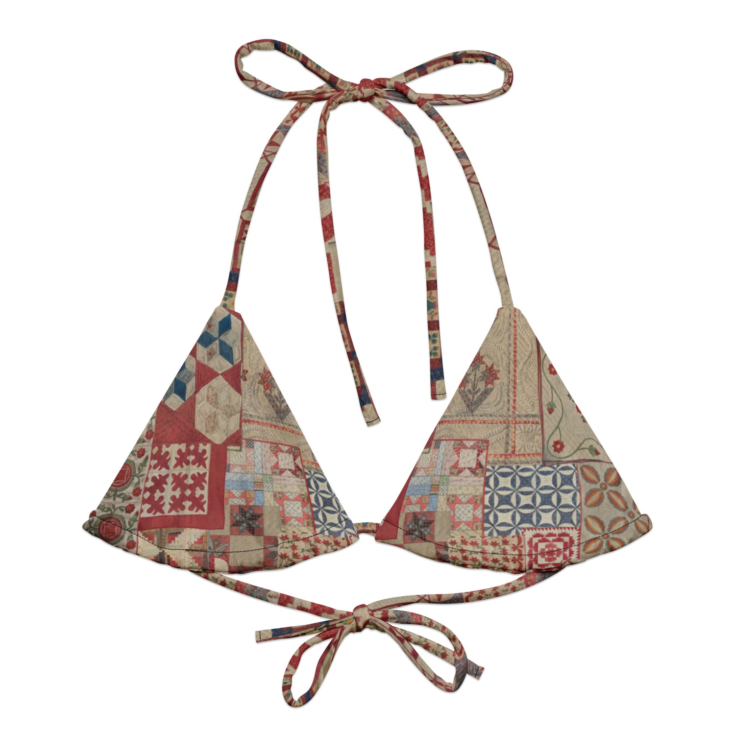 Quilt While You Are Ahead String Bikini Top featuring Rich patchwork repeat pattern in deep reds, blues and warm creams, adapted from 1930s American watercolour documentation of traditional folk quilts, women’s string bikini top