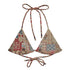 Quilt While You Are Ahead String Bikini Top featuring Rich patchwork repeat pattern in deep reds, blues and warm creams, adapted from 1930s American watercolour documentation of traditional folk quilts, women’s string bikini top