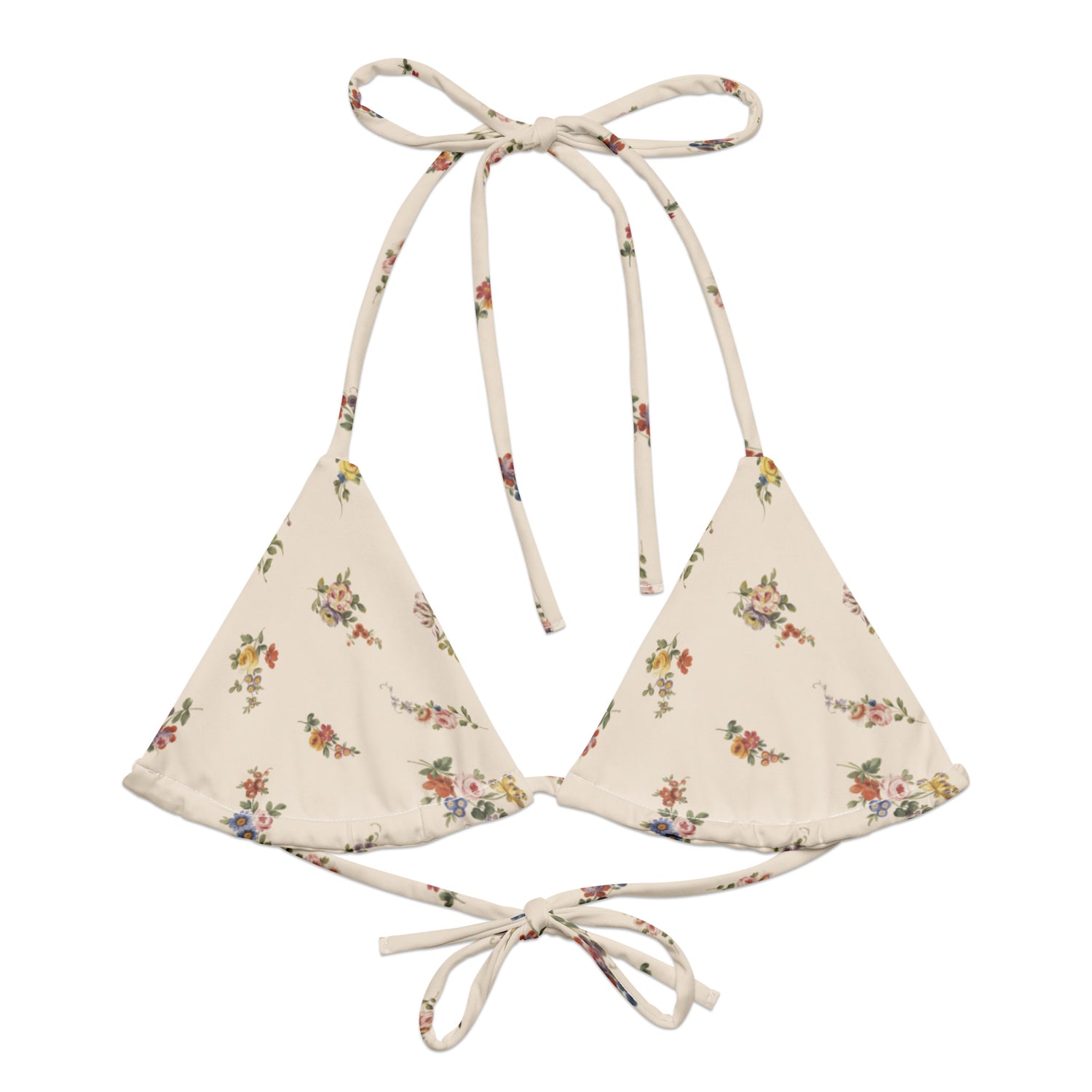 I Lilac You A Lot String Bikini Top featuring Soft cream background with delicate romantic floral motifs taken from 18th century French porcelain designs in gentle pinks, mauves and lilacs, women’s string bikini top