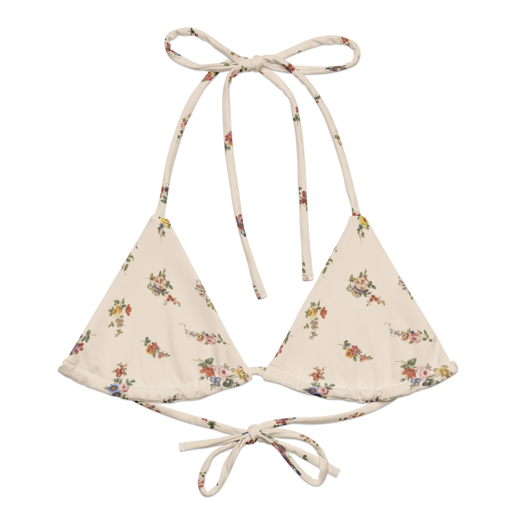 I Lilac You A Lot String Bikini Top featuring Soft cream background with delicate romantic floral motifs taken from 18th century French porcelain designs in gentle pinks, mauves and lilacs, women’s string bikini top
