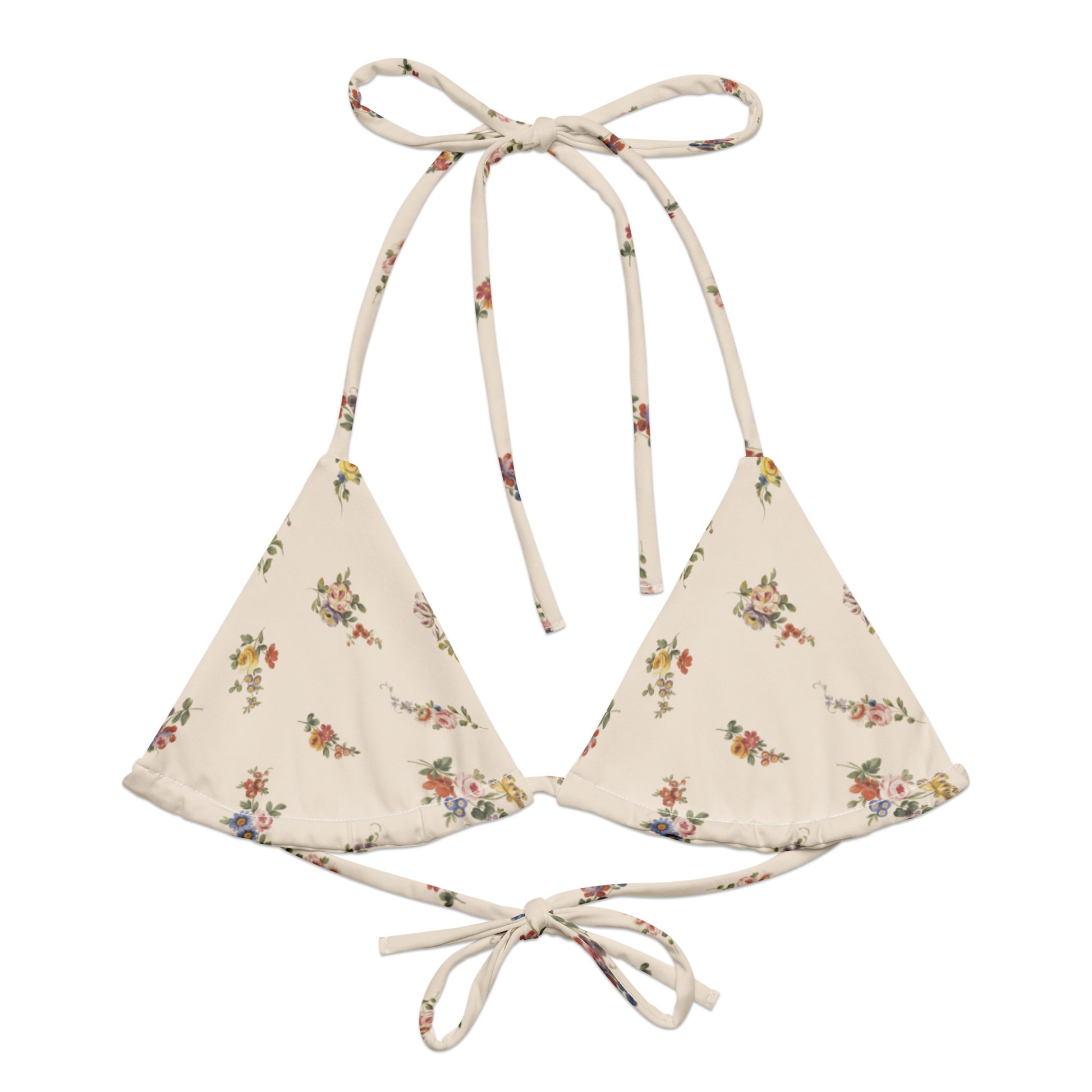I Lilac You A Lot String Bikini Top featuring Soft cream background with delicate romantic floral motifs taken from 18th century French porcelain designs in gentle pinks, mauves and lilacs, women’s string bikini top