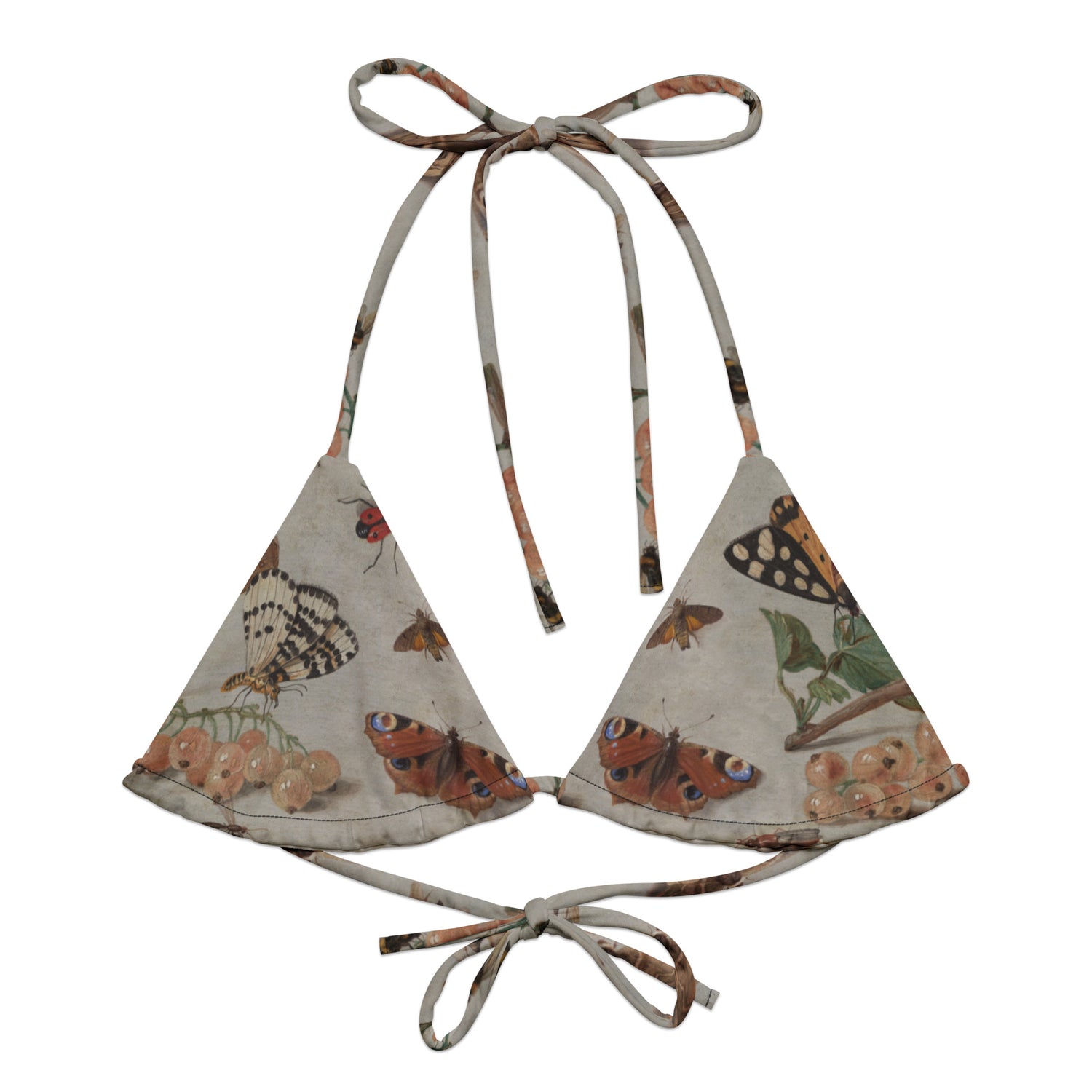 Moth'ly Crew String Bikini Top featuring Warm cream background with a detailed 17th century Flemish copper plate still life of white currants, moths and insects in browns, oranges and hints of red and green, women’s string bikini top