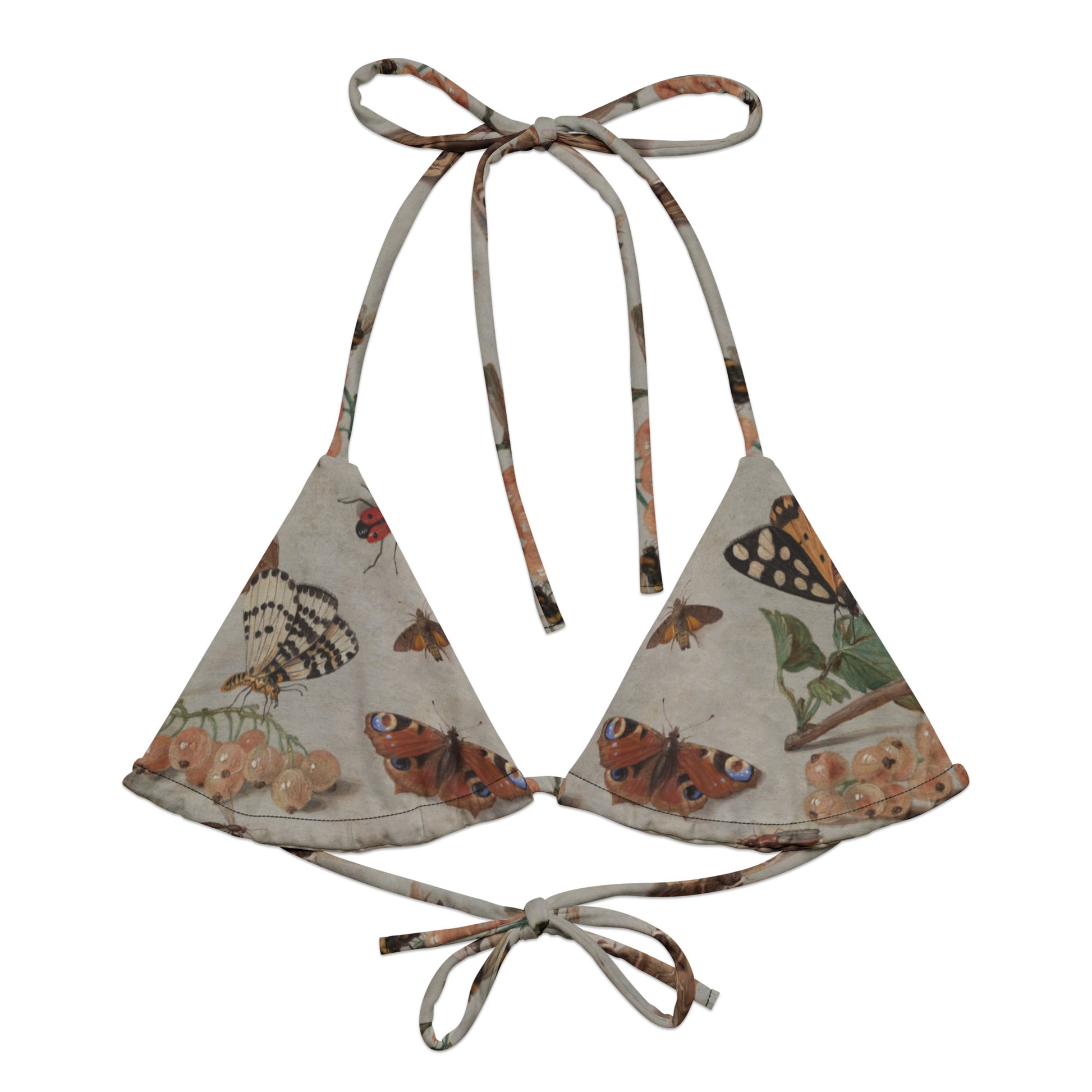 Moth'ly Crew String Bikini Top featuring Warm cream background with a detailed 17th century Flemish copper plate still life of white currants, moths and insects in browns, oranges and hints of red and green, women’s string bikini top