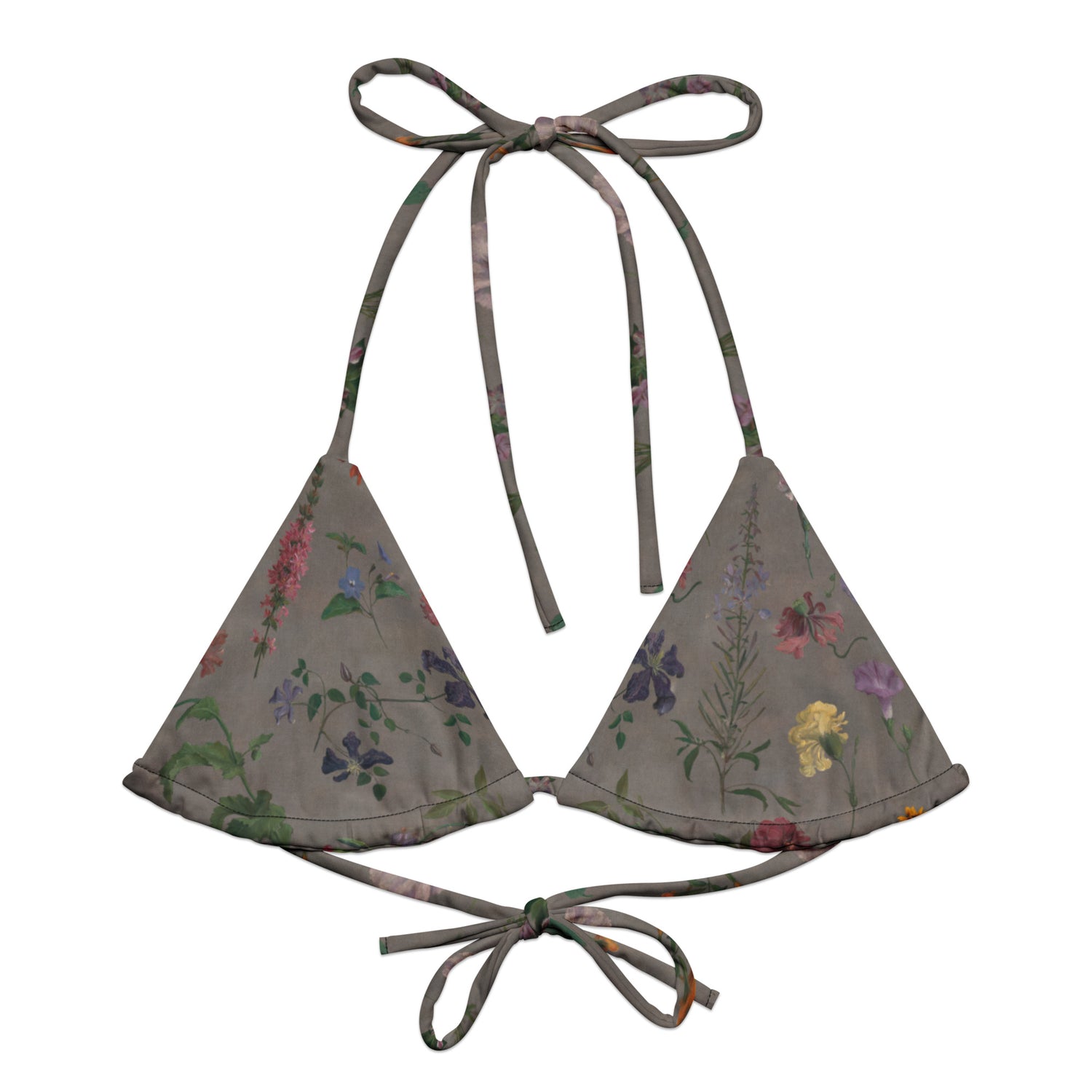 What In Carnation String Bikini Top featuring Dark moody background with vibrant wild botanical oil painting illustrations of poppies, morning glories and carnations in rich, dramatic colours, women’s string bikini top