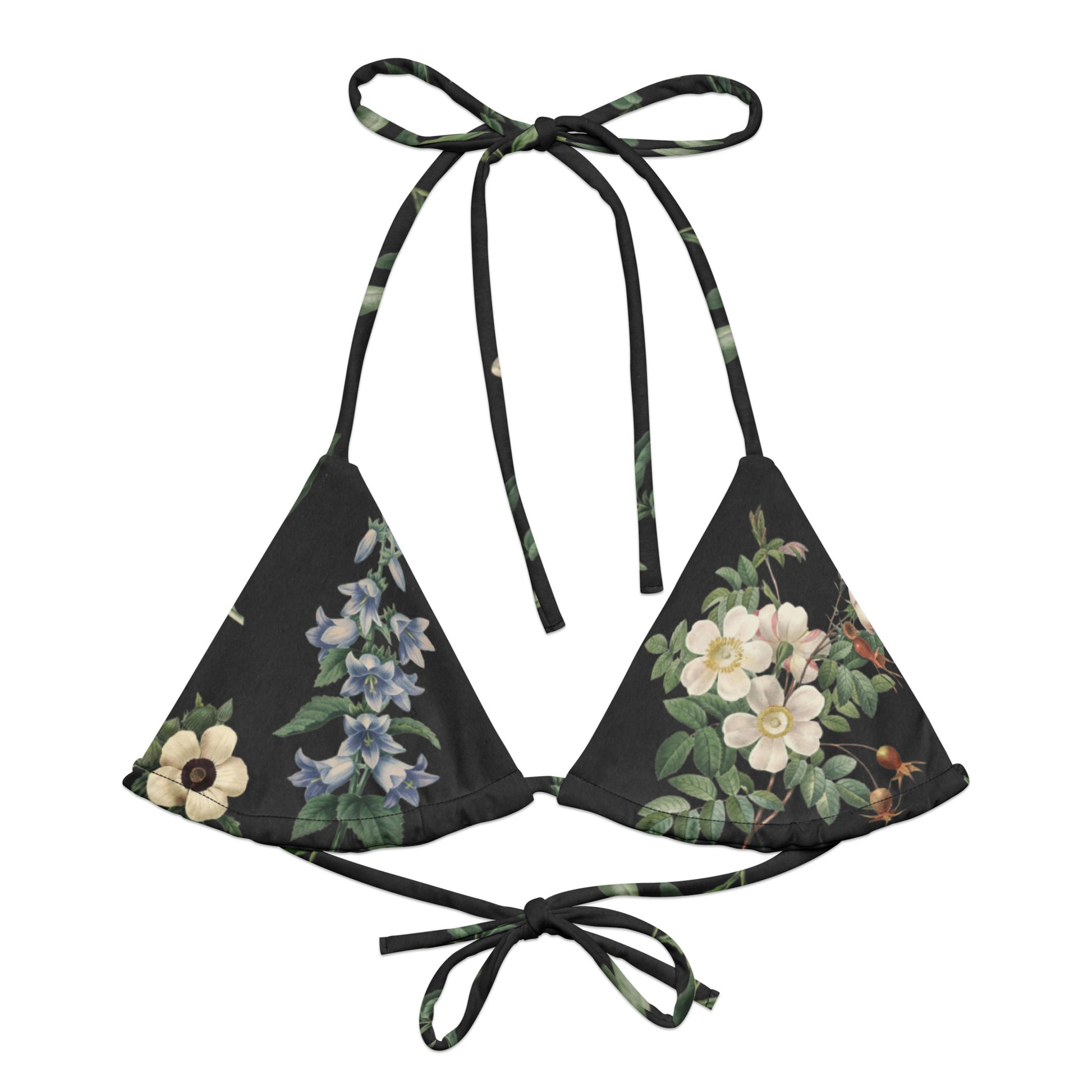 I Beg Your Garden Blue String Bikini Top featuring Striking black background with curated blue and white botanical illustrations by Pierre-Joseph Redouté, the celebrated 19th century court botanical painter, women’s string bikini top