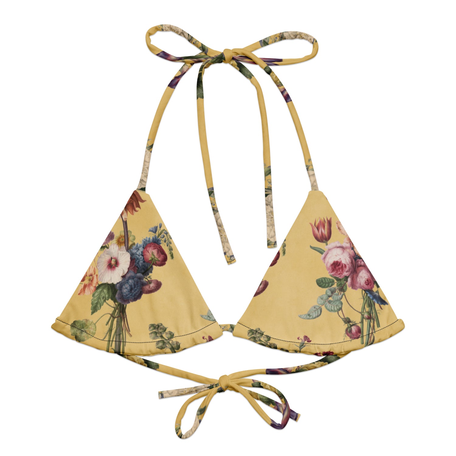 Let's Do Bunch! String Bikini Top featuring Warm butter yellow background with abundant, richly coloured Dutch Master watercolour floral bouquets in a joyful, overflowing repeat pattern, women’s string bikini top