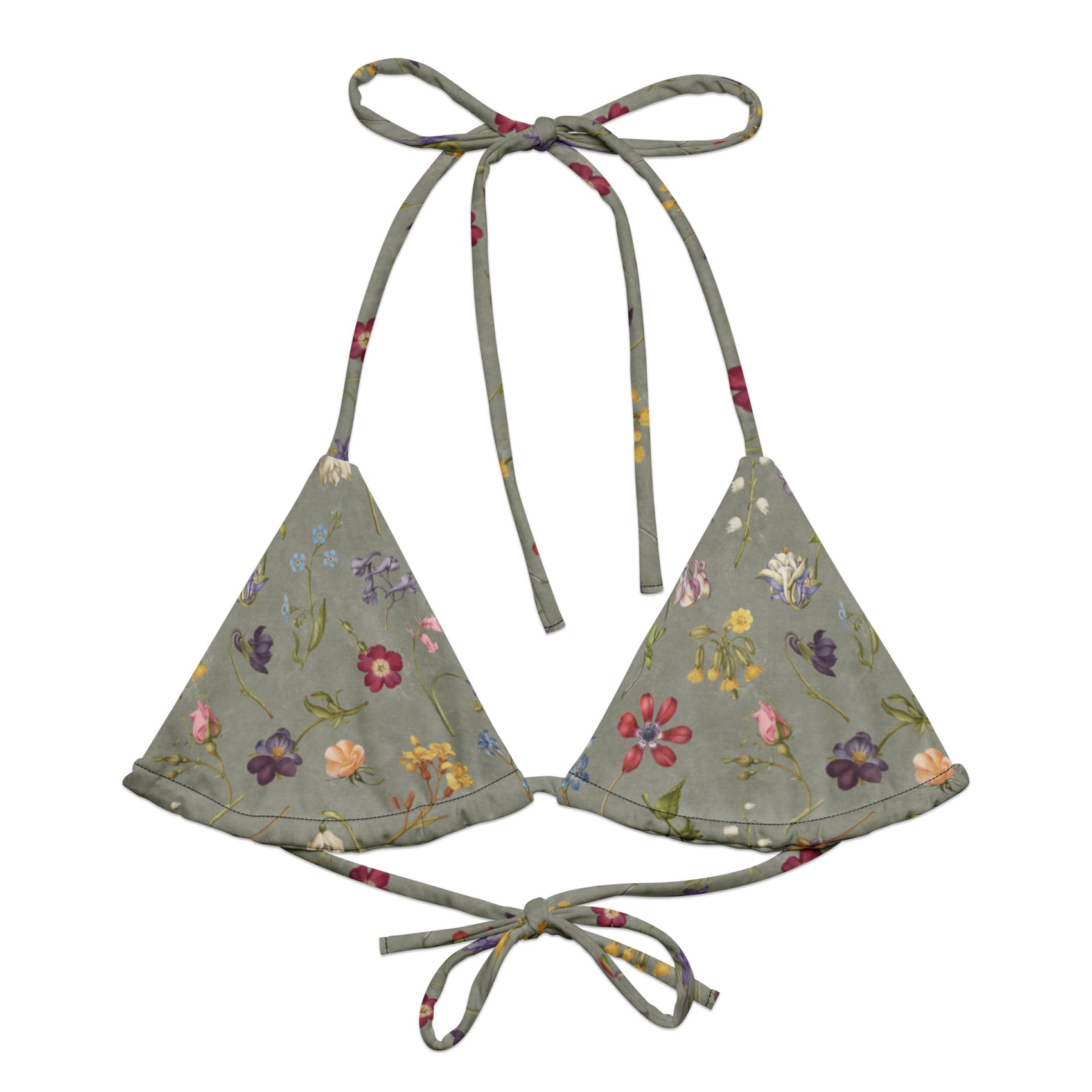 Hibis-Kiss Me String Bikini Top featuring Moody pale blue background with jewel-bright painted flower specimens from a 16th century Flemish illuminated manuscript in rich, vivid colours, women’s string bikini top