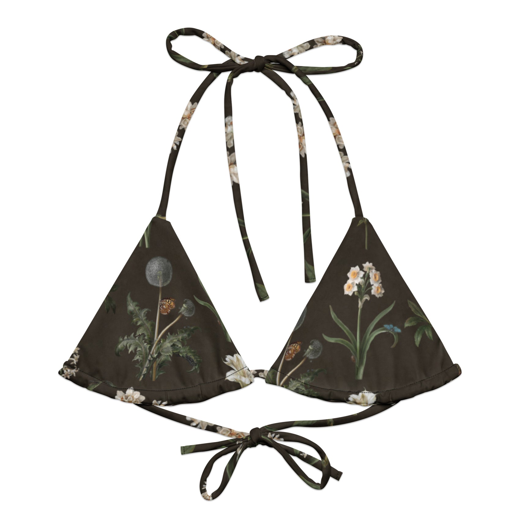 Wild At Hort String Bikini Top featuring Deep dark brown background with precise, luminous white botanical specimen illustrations including a delicate dandelion seed head, in a hushed and contemplative style, women’s string bikini top