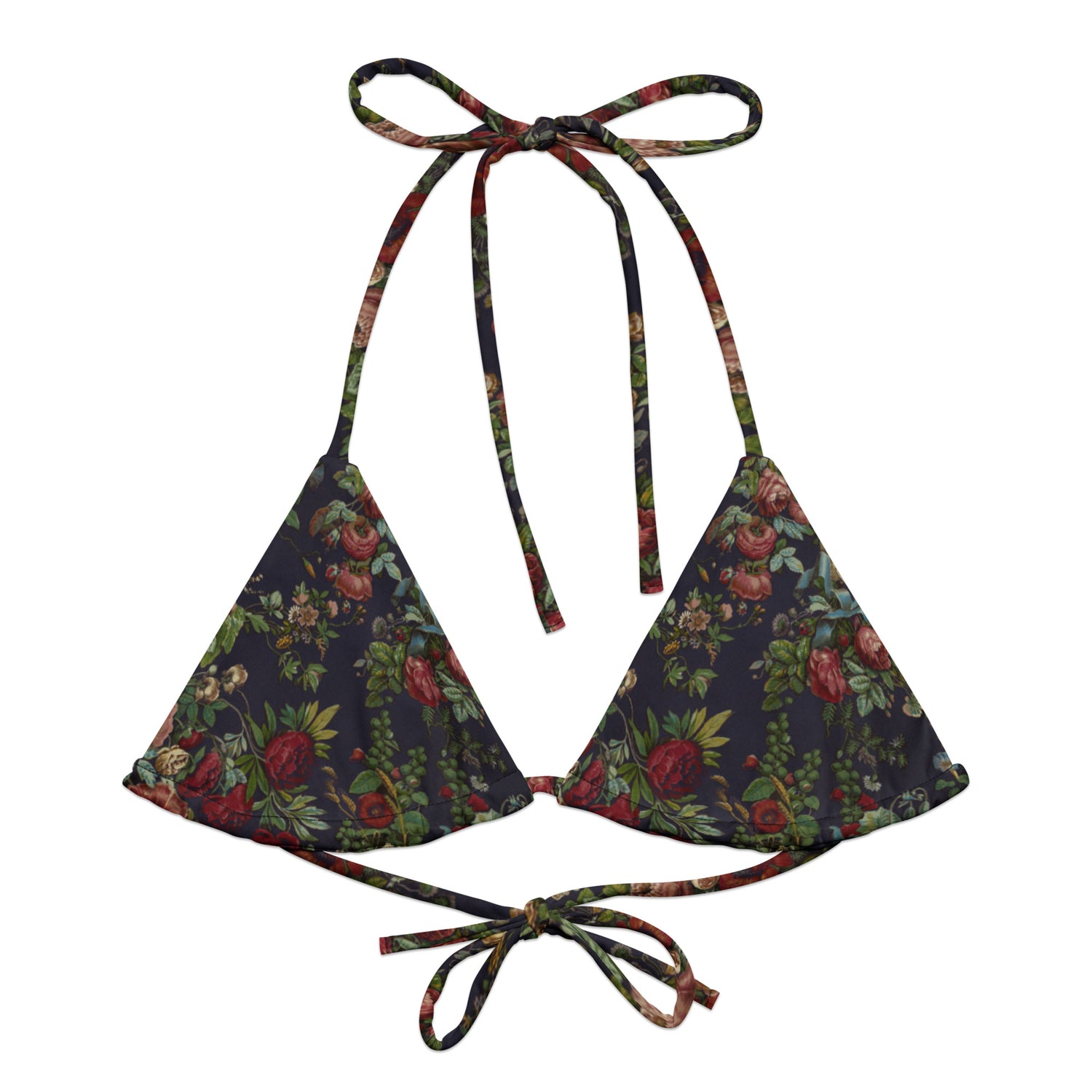 Stop and Smell The Roses String Bikini Top featuring Rich deep indigo background with tumbling opulent cabbage roses in reds and pinks with a delicate blue ribbon detail, adapted from mid 1800s Chintz, women’s string bikini top