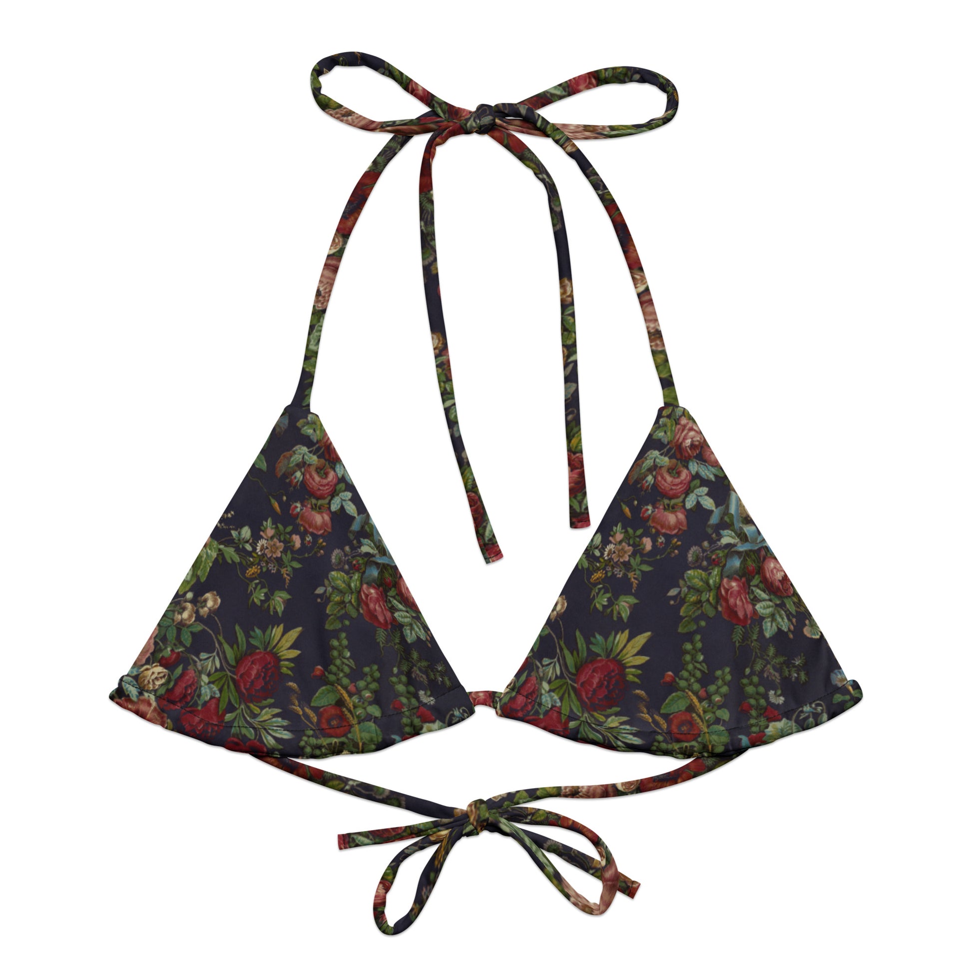Stop and Smell The Roses String Bikini Top featuring Rich deep indigo background with tumbling opulent cabbage roses in reds and pinks with a delicate blue ribbon detail, adapted from mid 1800s Chintz, women’s string bikini top