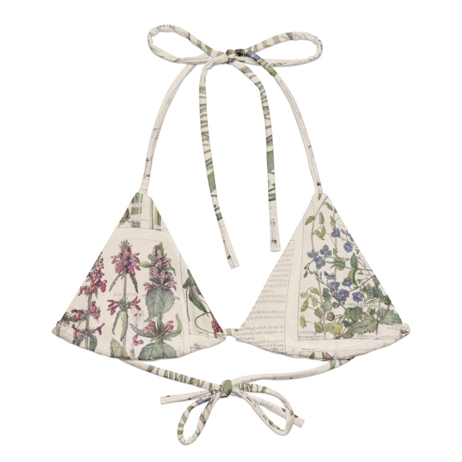 Wild About You String Bikini Top featuring Clean white background with soft, romantic wildflower botanical illustrations in gentle pinks and mauves from an early 1900s British Arts and Crafts publication, women’s string bikini top
