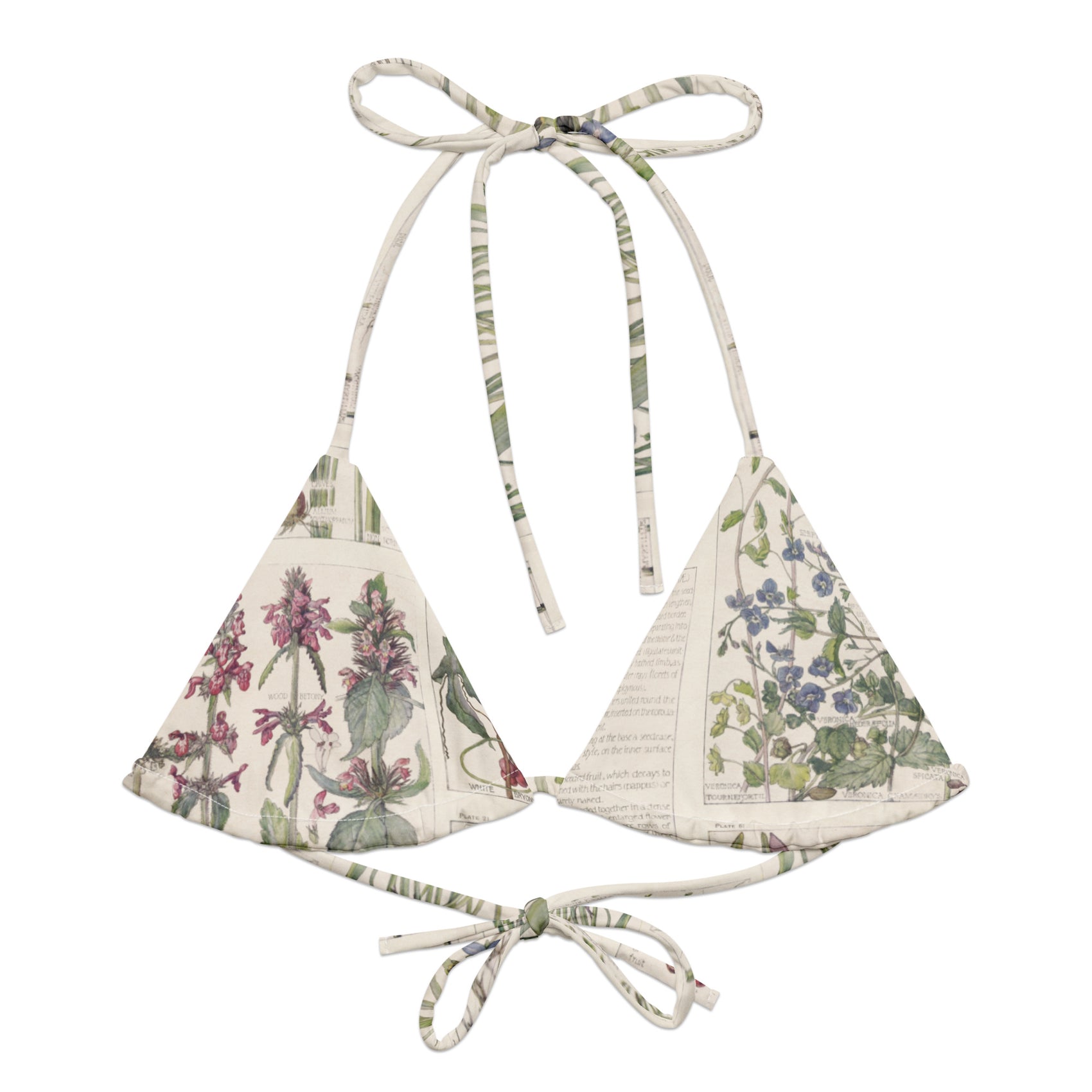 Wild About You String Bikini Top featuring Clean white background with soft, romantic wildflower botanical illustrations in gentle pinks and mauves from an early 1900s British Arts and Crafts publication, women’s string bikini top