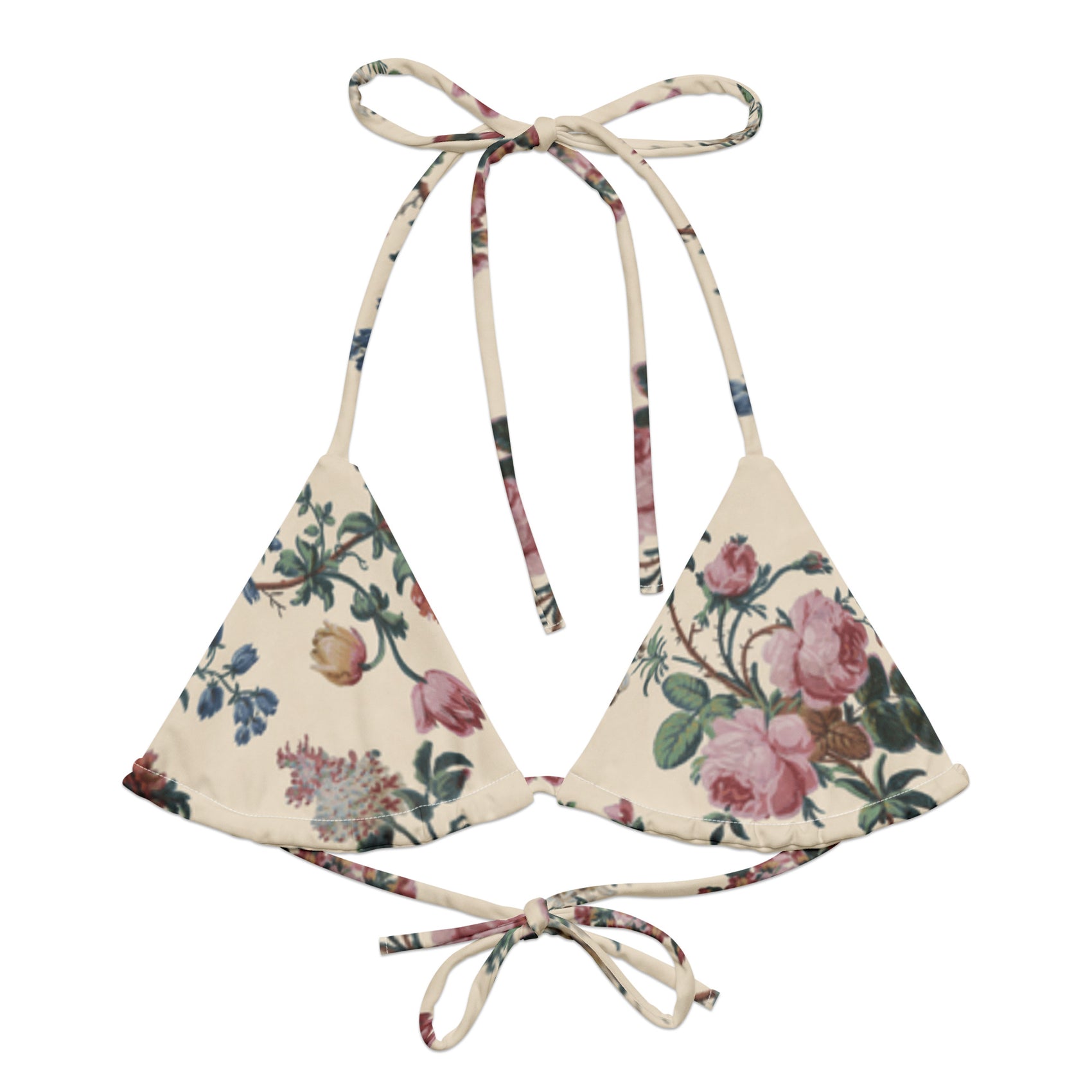 Bud-ding Romance in Cream String Bikini Top featuring Warm cream background with trailing pink roses and blue morning glory on a vine, taken from a 1790 French woodblock printed wallpaper, women’s string bikini top