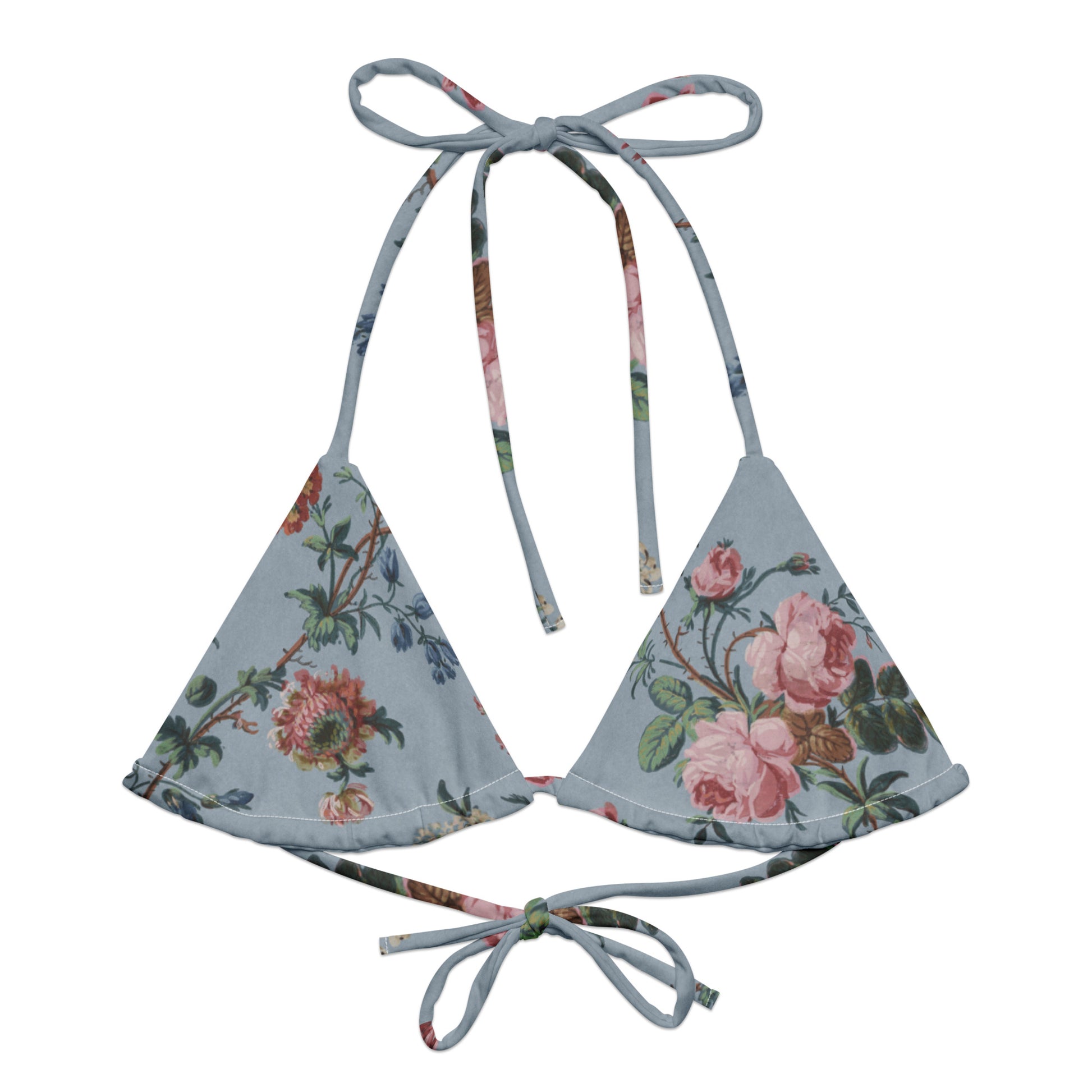 Bud-ding Romance in Blue String Bikini Top featuring Dreamy blue background with trailing pink roses and blue morning glory on a vine, taken from a 1790 French woodblock printed wallpaper, women’s string bikini top