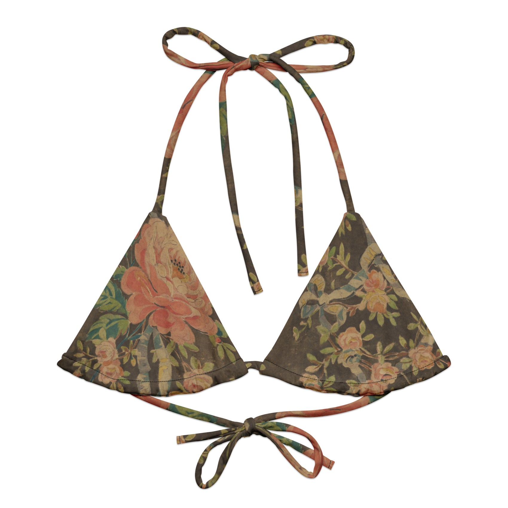 Everything's Coming Up Roses String Bikini Top featuring Rich brown background with trailing pink roses and a delicate blue ribbon border design, adapted from a 1780 French decorative watercolour, women’s string bikini top