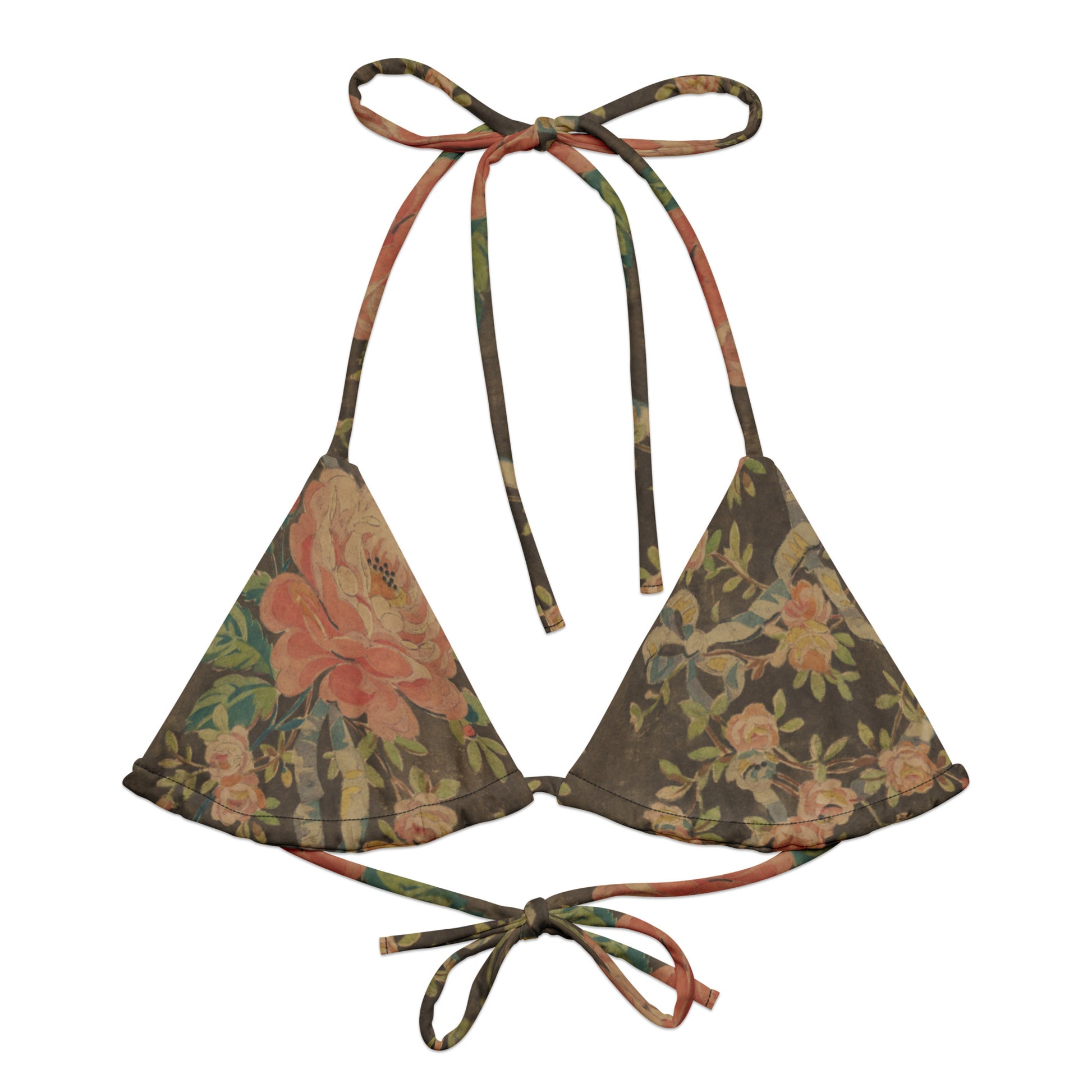 Everything's Coming Up Roses String Bikini Top featuring Rich brown background with trailing pink roses and a delicate blue ribbon border design, adapted from a 1780 French decorative watercolour, women’s string bikini top