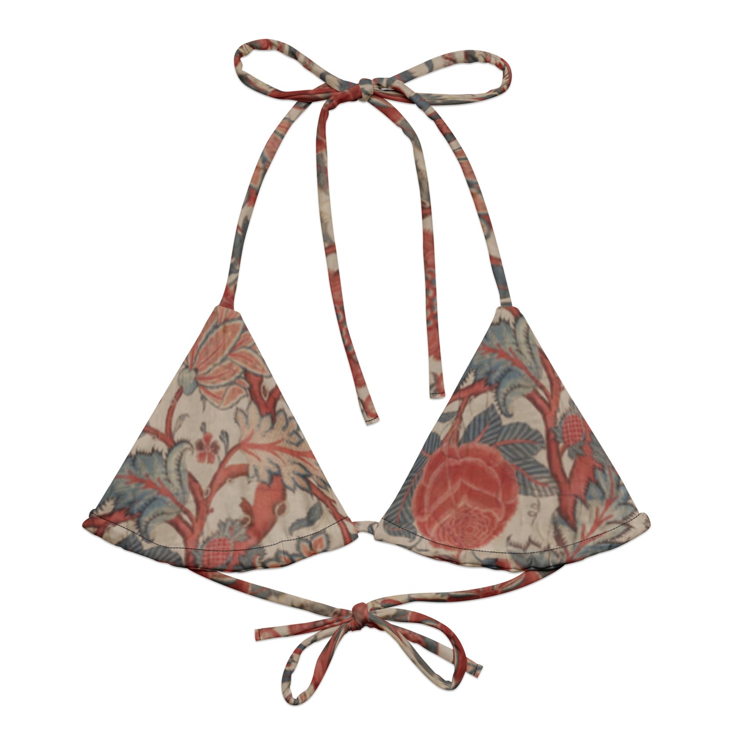 Chintz Charming String Bikini Top featuring Rich red and warm cream intricate hand-painted Tree of Life pattern adapted from an 18th century Indian Palampore textile, women’s string bikini top