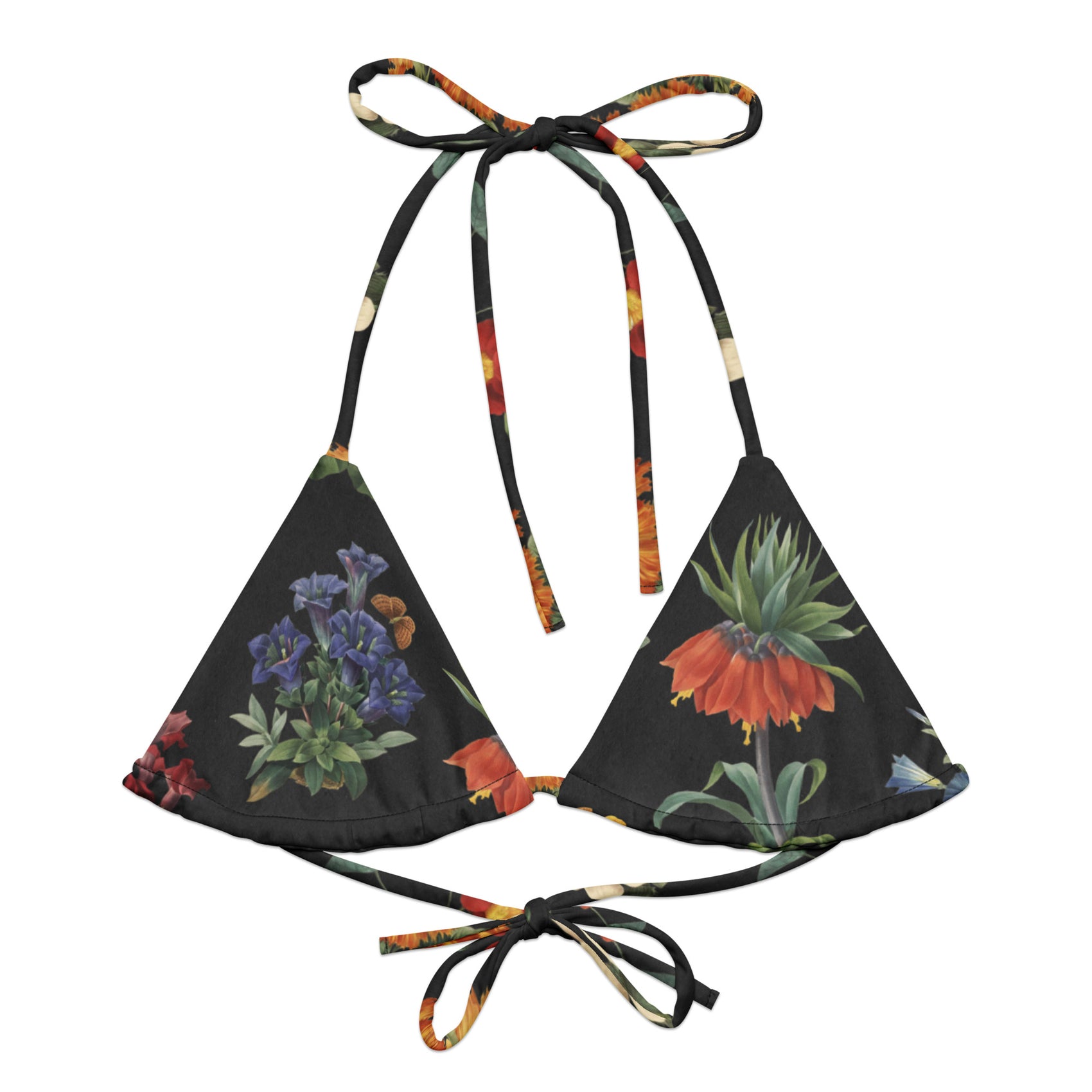 I Beg Your Garden String Bikini Top featuring Bold black background with the full rich colour palette of Pierre-Joseph Redouté's celebrated 19th century royal botanical illustrations in jewel-bright tones, women’s string bikini top