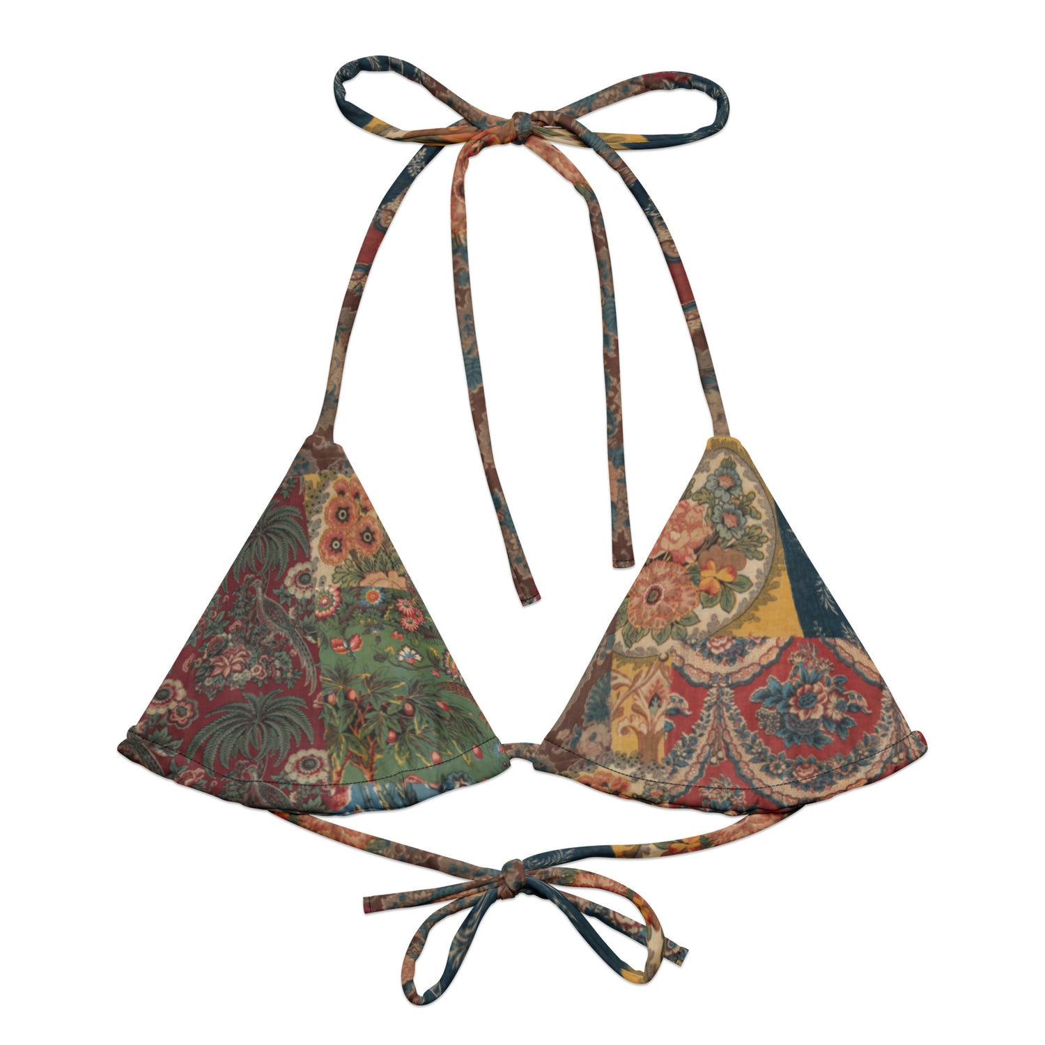 Fragments Of My Heart String Bikini Top featuring Bold eclectic patchwork of antique quilt and fabric remnants in rich reds with hints of blue, green and yellow in a warm, gloriously imperfect vintage style, women’s string bikini top